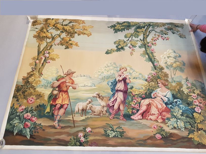 Null Carton de tapisserie au sujet de pastorale et mythologie, fin du XIXe-début&hellip;