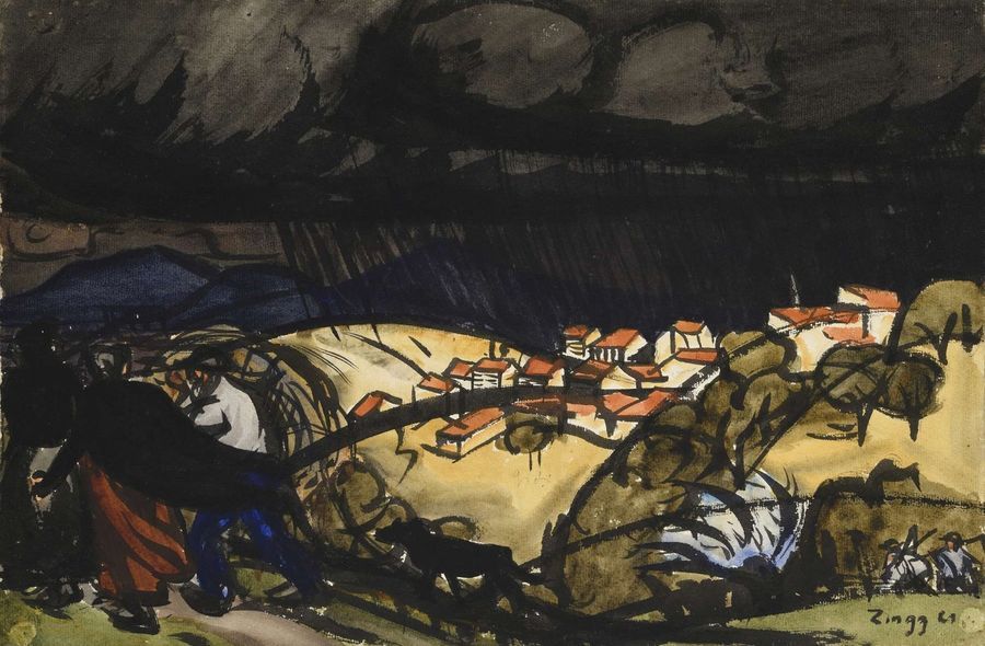 Null Jules Emile ZINGG (1882-1942) Paysans sous l’orage, Auvergne Aquarelle et e&hellip;