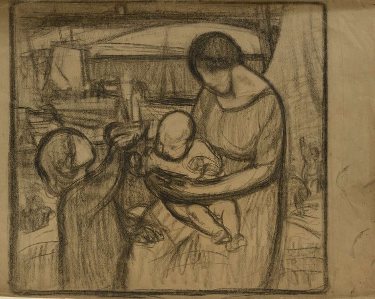 Null Jules Emile ZINGG (1882-1942) Maternité aux deux enfants Fusain. Porte le c&hellip;