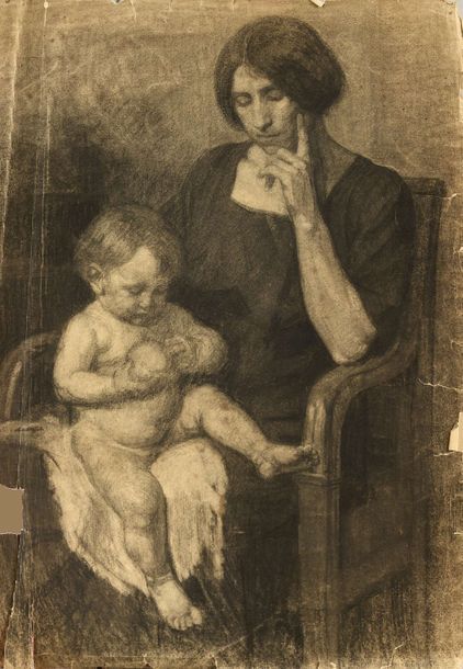 Null Jules Emile ZINGG (1882-1942) Mme Zingg et son fils Fusain sur papier. Port&hellip;