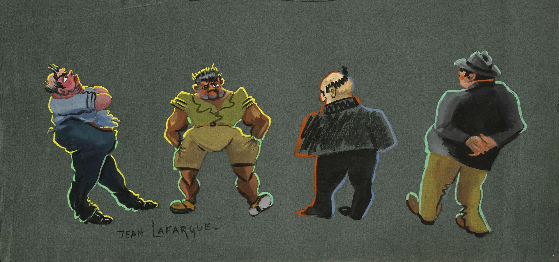 Null 93 Jean LAFARGUE (actif au XXè s.) Quatre personnages Gouache sur papier. S&hellip;