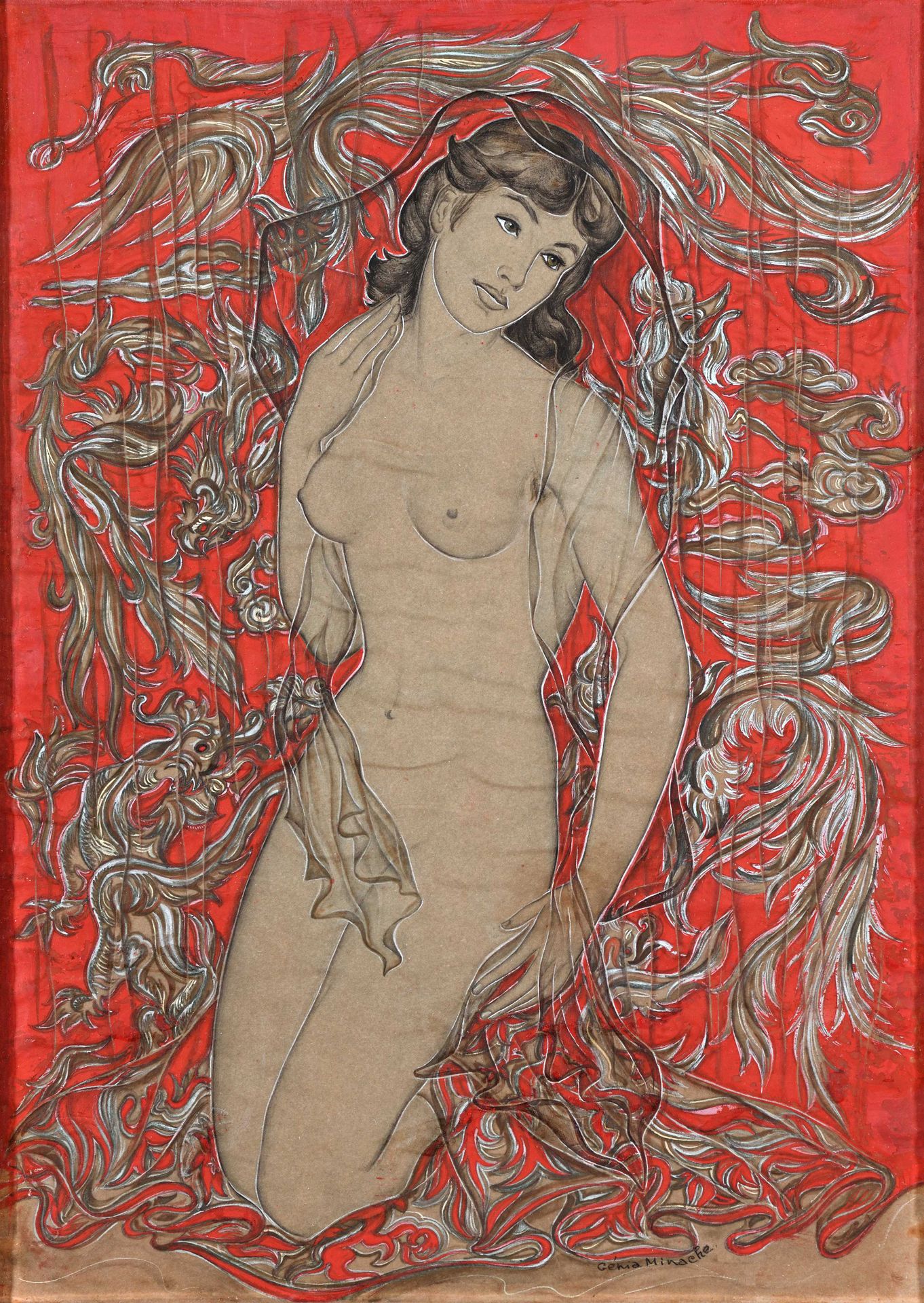 Null Génia MINACHE (1907-1972) Femme nue agenouillée sur fond rouge Gouache sur &hellip;