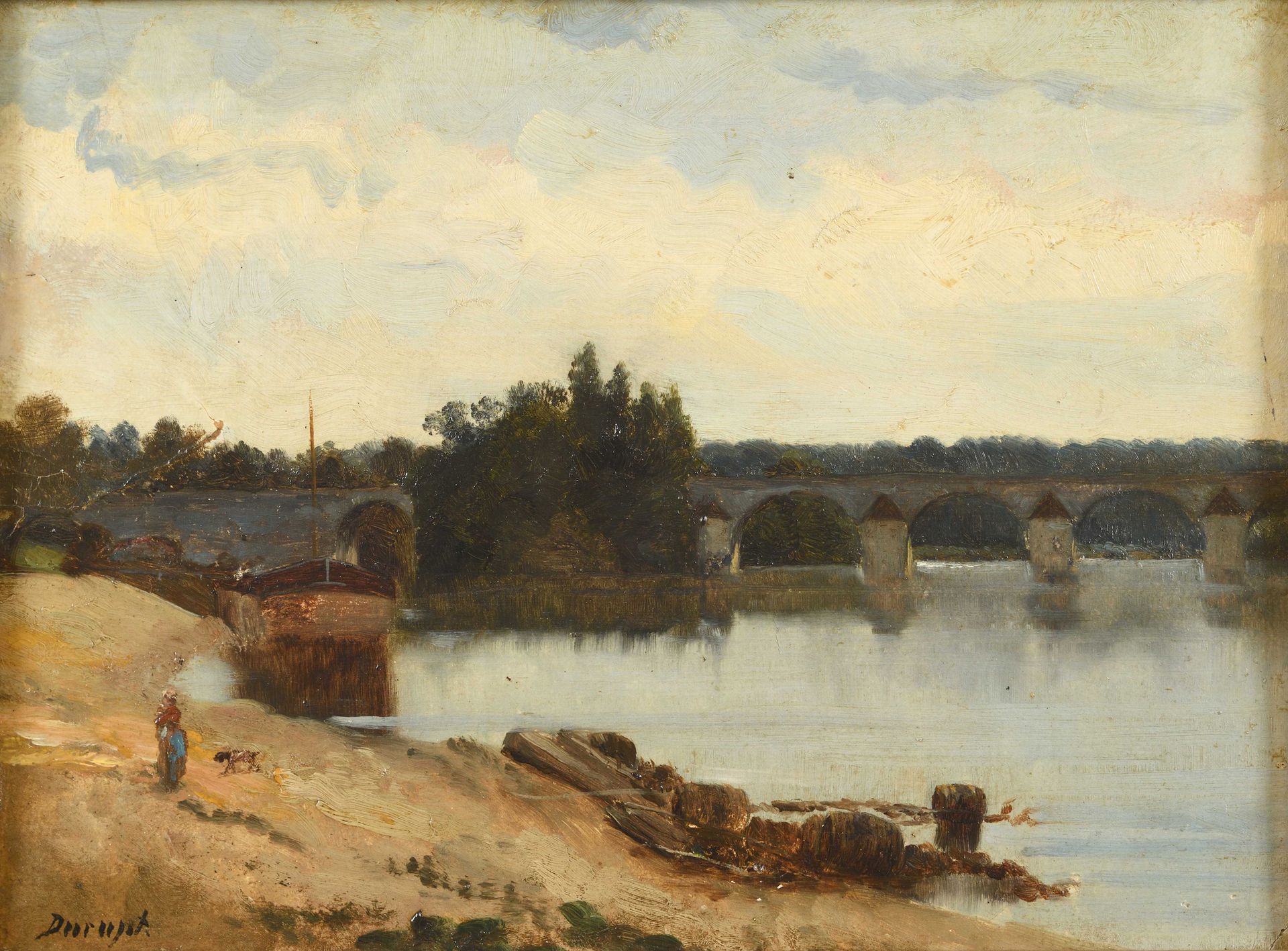 Null DURUPT, école XIXe siècle Paysage lacustre avec pont Huile sur toile, signé&hellip;