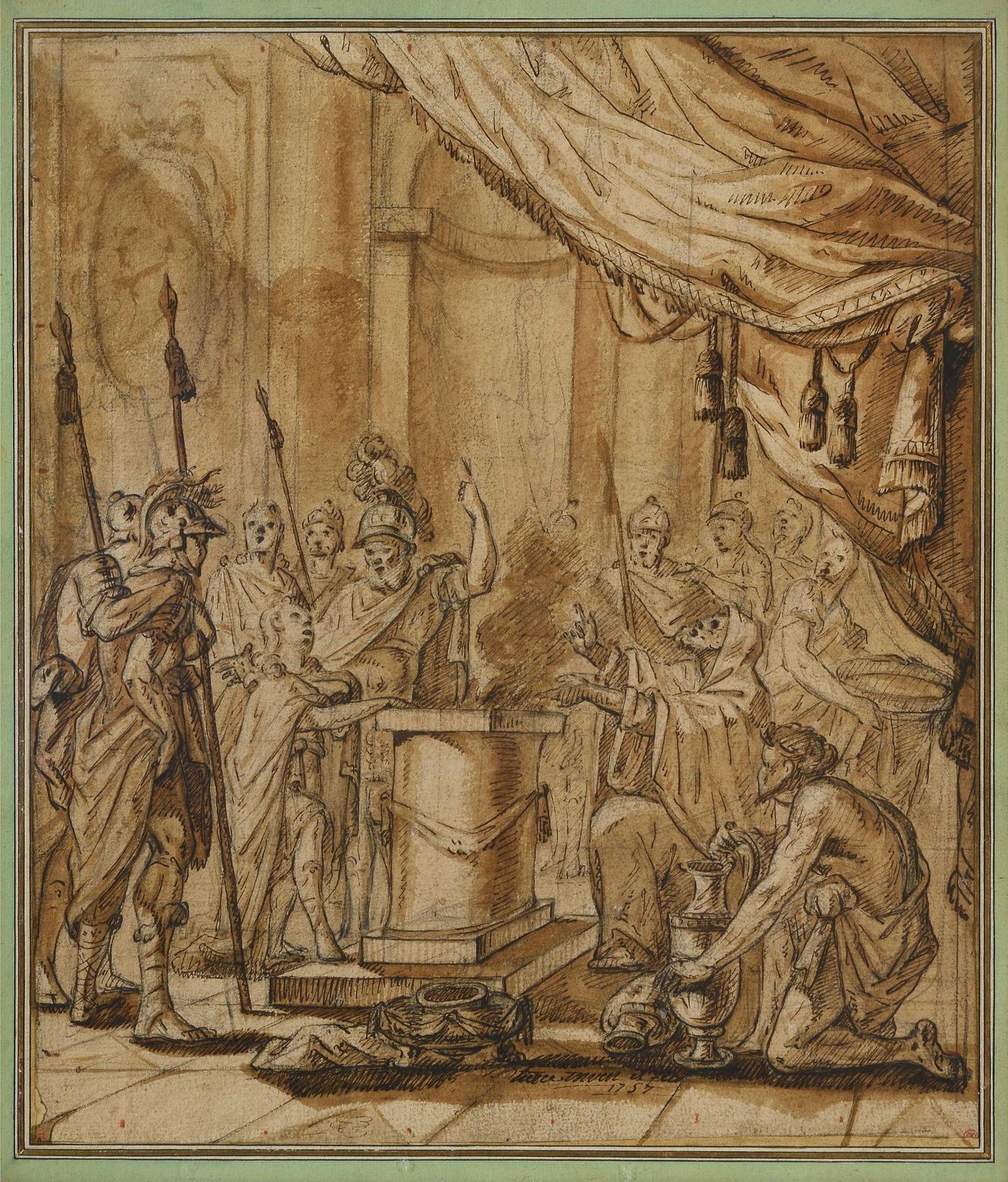 Null 
Jean Baptiste TIERCE (1737-1790) 《对神的誓言》 钢笔和棕色墨水在棕色铅笔线上。中心下方有签名，日期为1757年。收&hellip;
