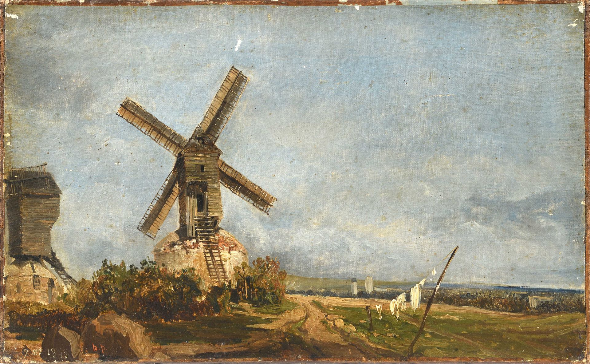 Null Entourage de Georges MICHEL (1763-1843) Paysage aux moulins Huile sur papie&hellip;