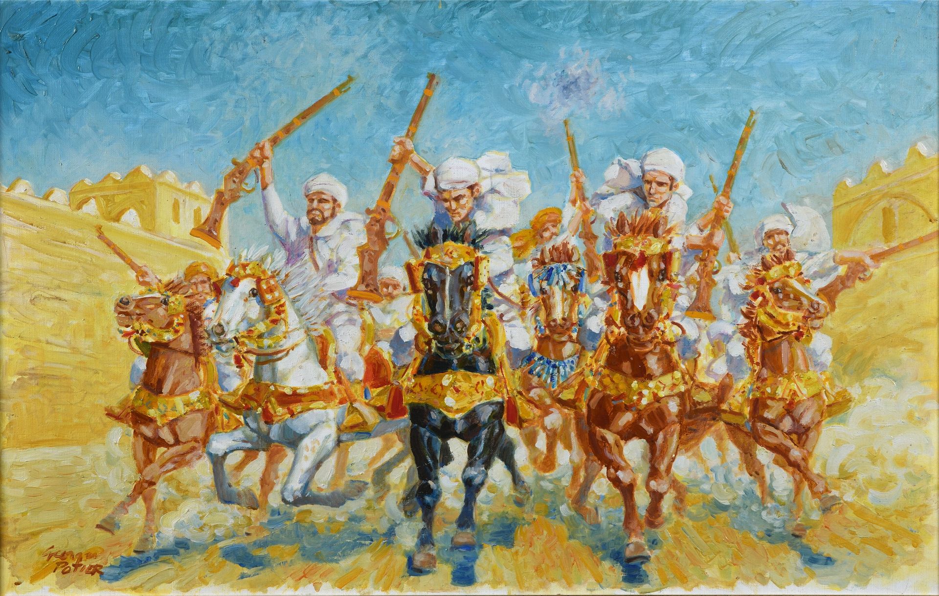 Null Georges POTIER (né en 1926) La charge de cavalerie Huile sur toile, signée &hellip;