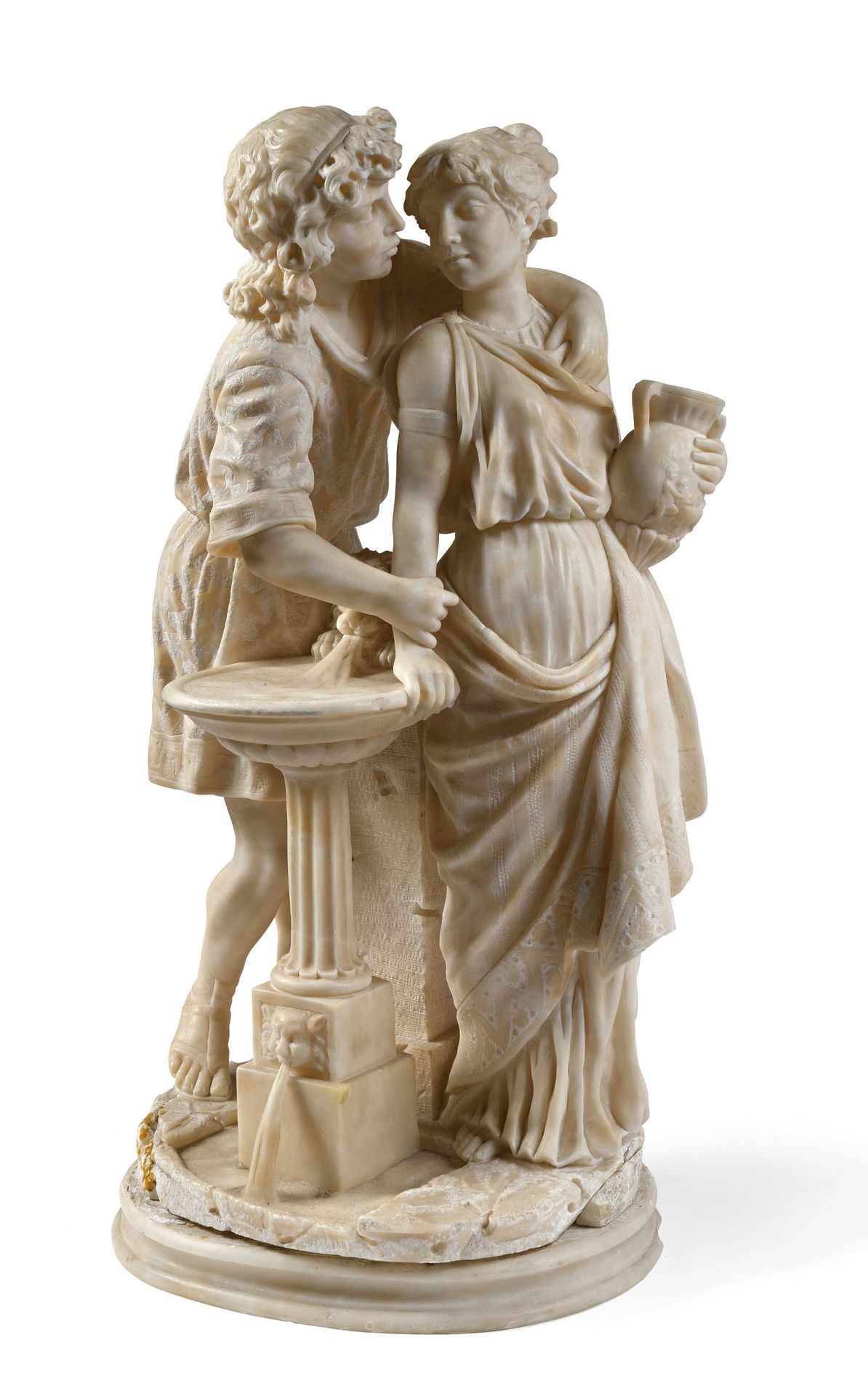 Null Cesare SCHEGGI (1833-1876) Jeune couple antique à la fontaine Sculpture en &hellip;