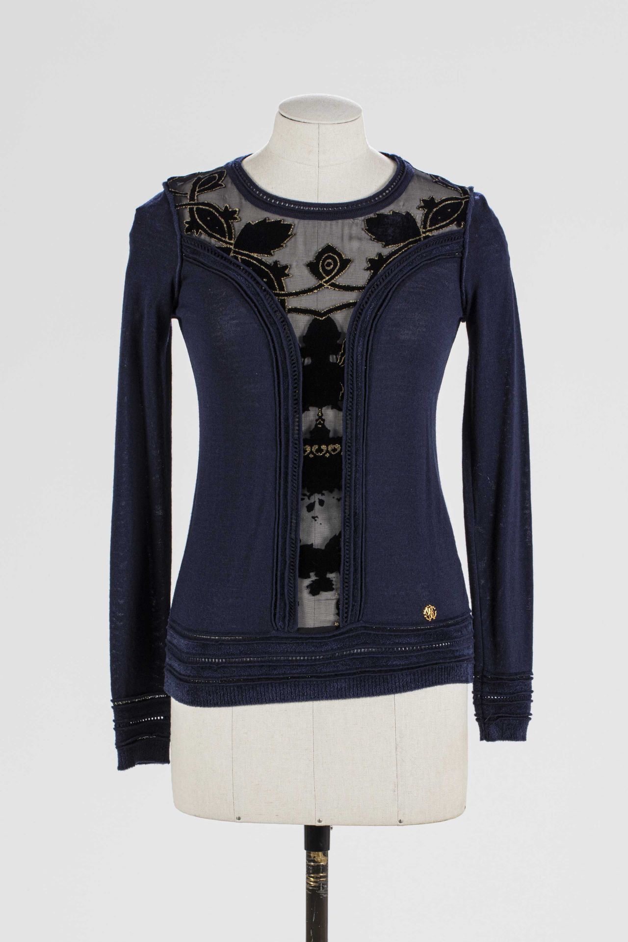 Null ROBERTO CAVALLI: navy blue wool and viscose sweater, large transparent neck&hellip;