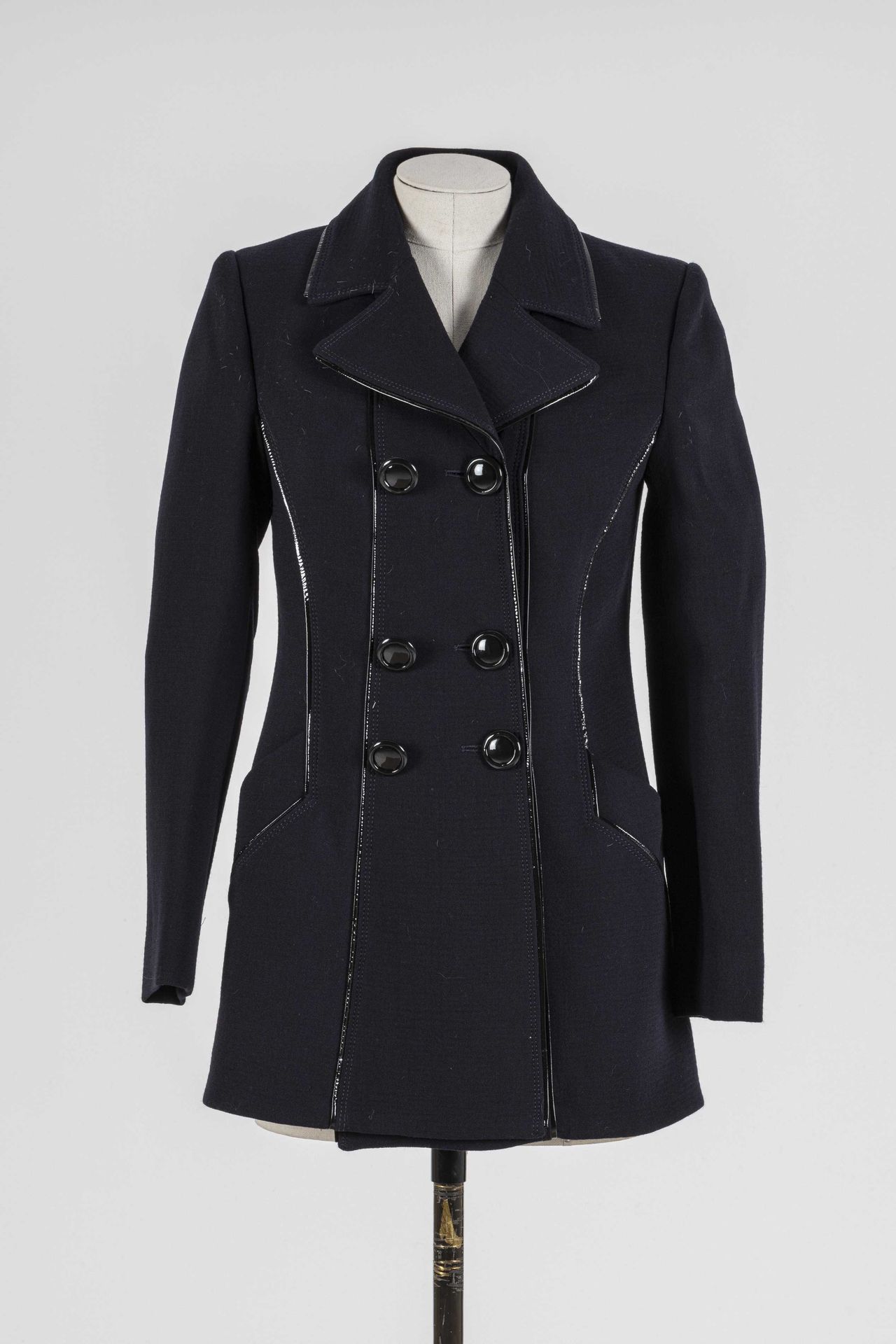 Null VERSACE: navy blue wool pea jacket, glazed leather trim, double breasted, s&hellip;