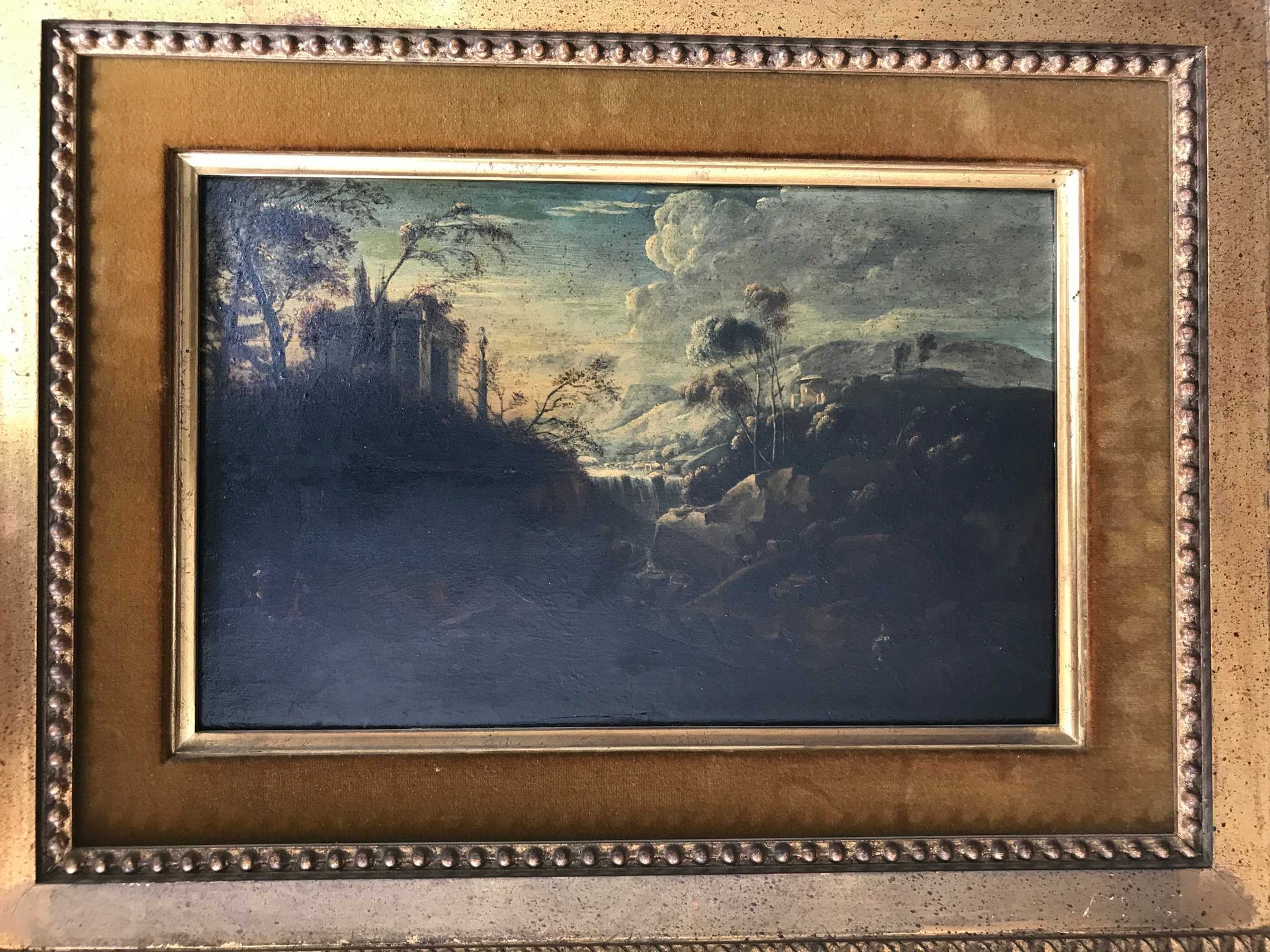 Null Procédé paysage avec des ruines . Huile sur panneau parqueté. 21x31cm