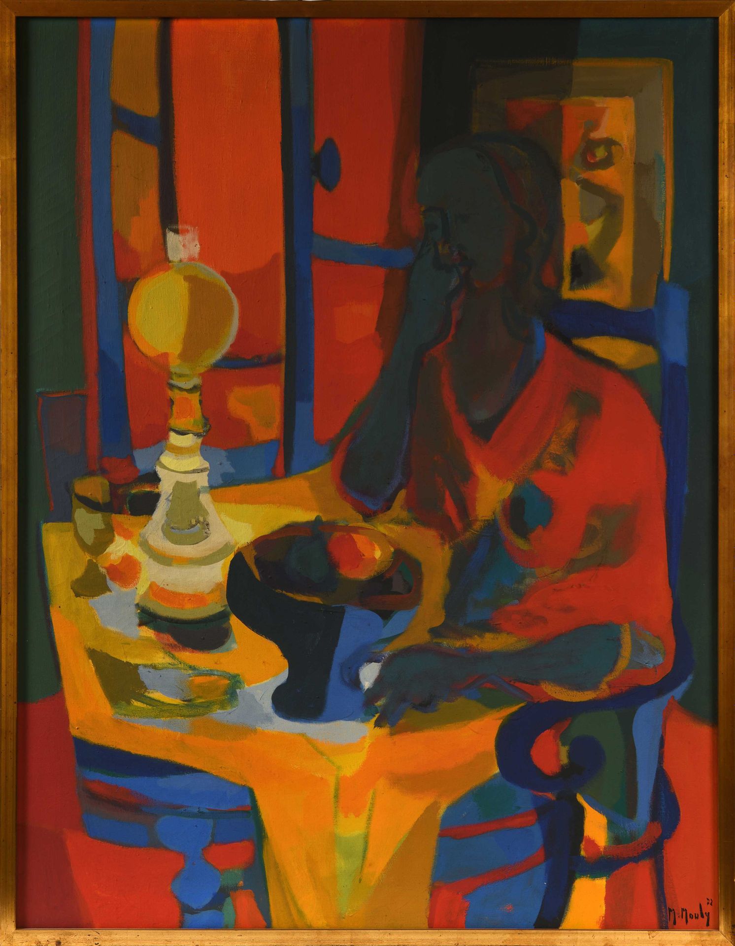 Null Marcel MOULY (1918-2008) Femme à la lampe à pétrole Huile sur toile Signée &hellip;