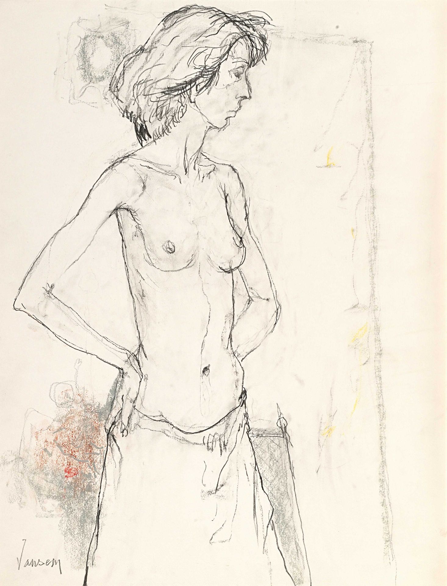 Null Jean JANSEM (1920-2013) Joëlle en buste de profil, 1996 Fusain et crayons d&hellip;