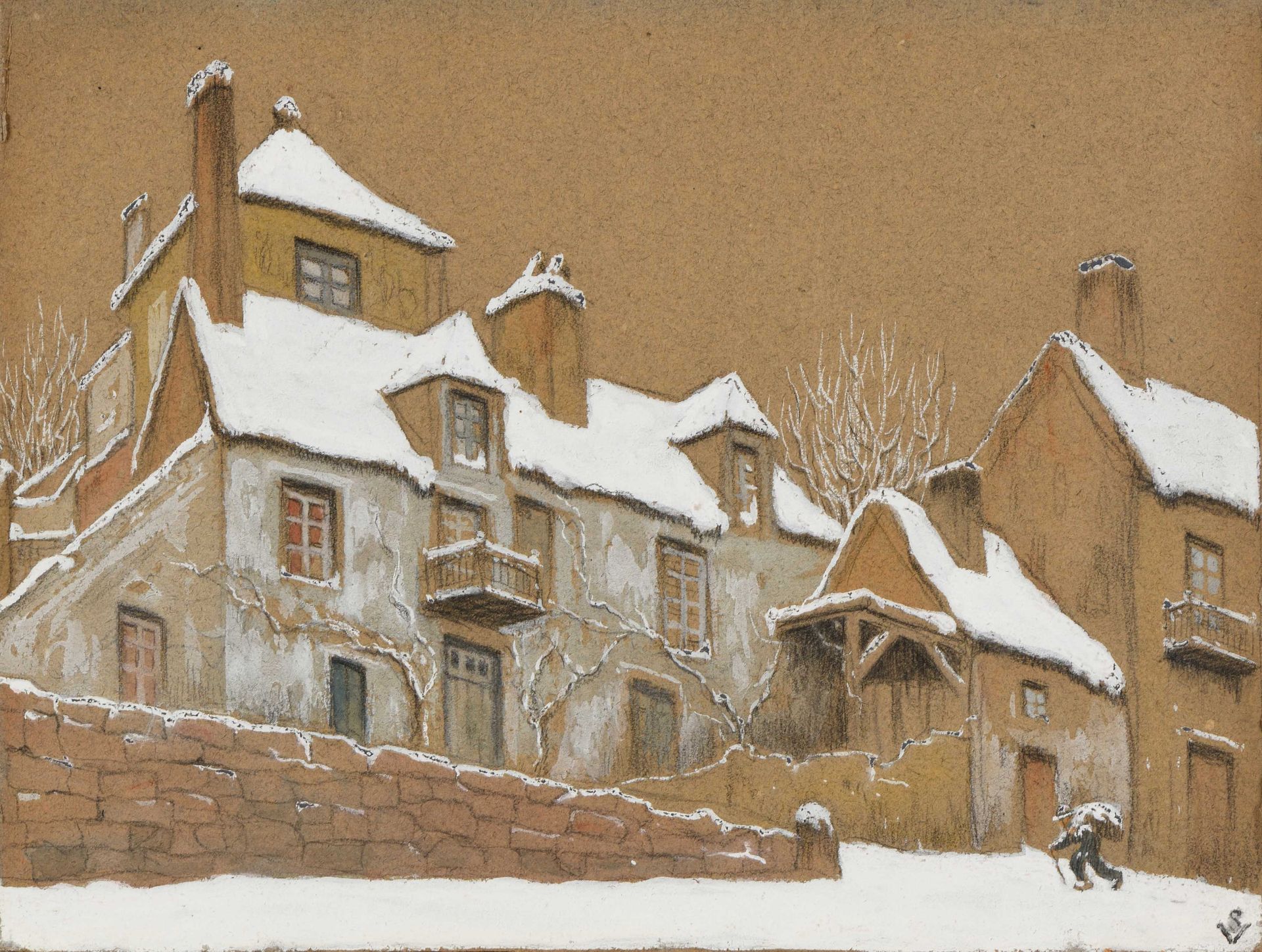 Null Vicente SANTAOLARIA (1886-1967) Maisons sous la neige Gouache et fusain gra&hellip;