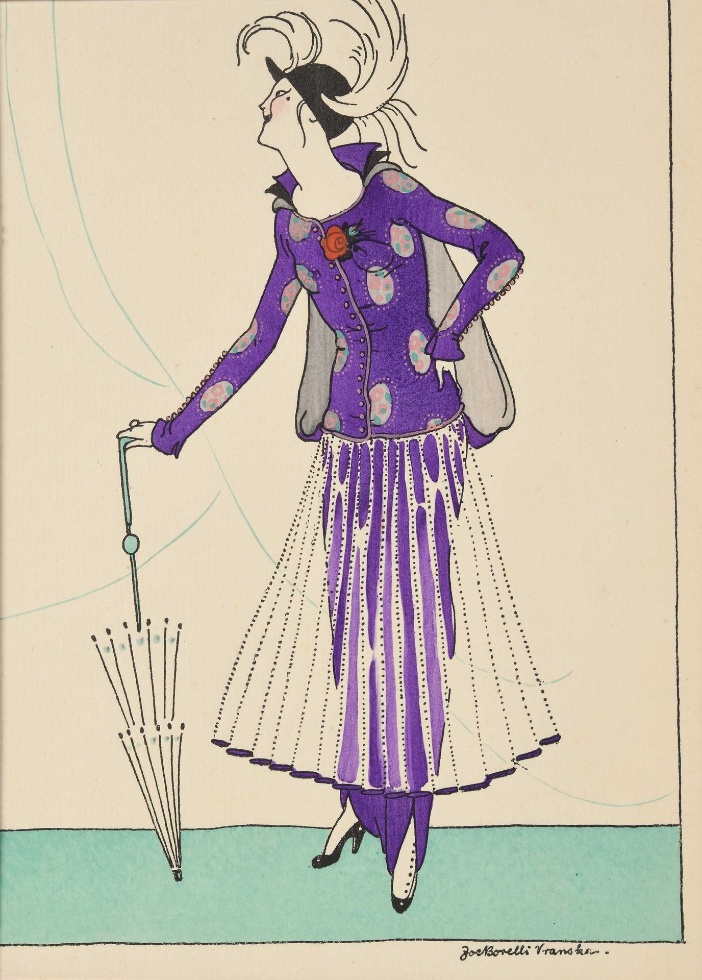 Null Joset BOSELLI Robe et veste violette Aquarelle sur papier signée en bas à d&hellip;