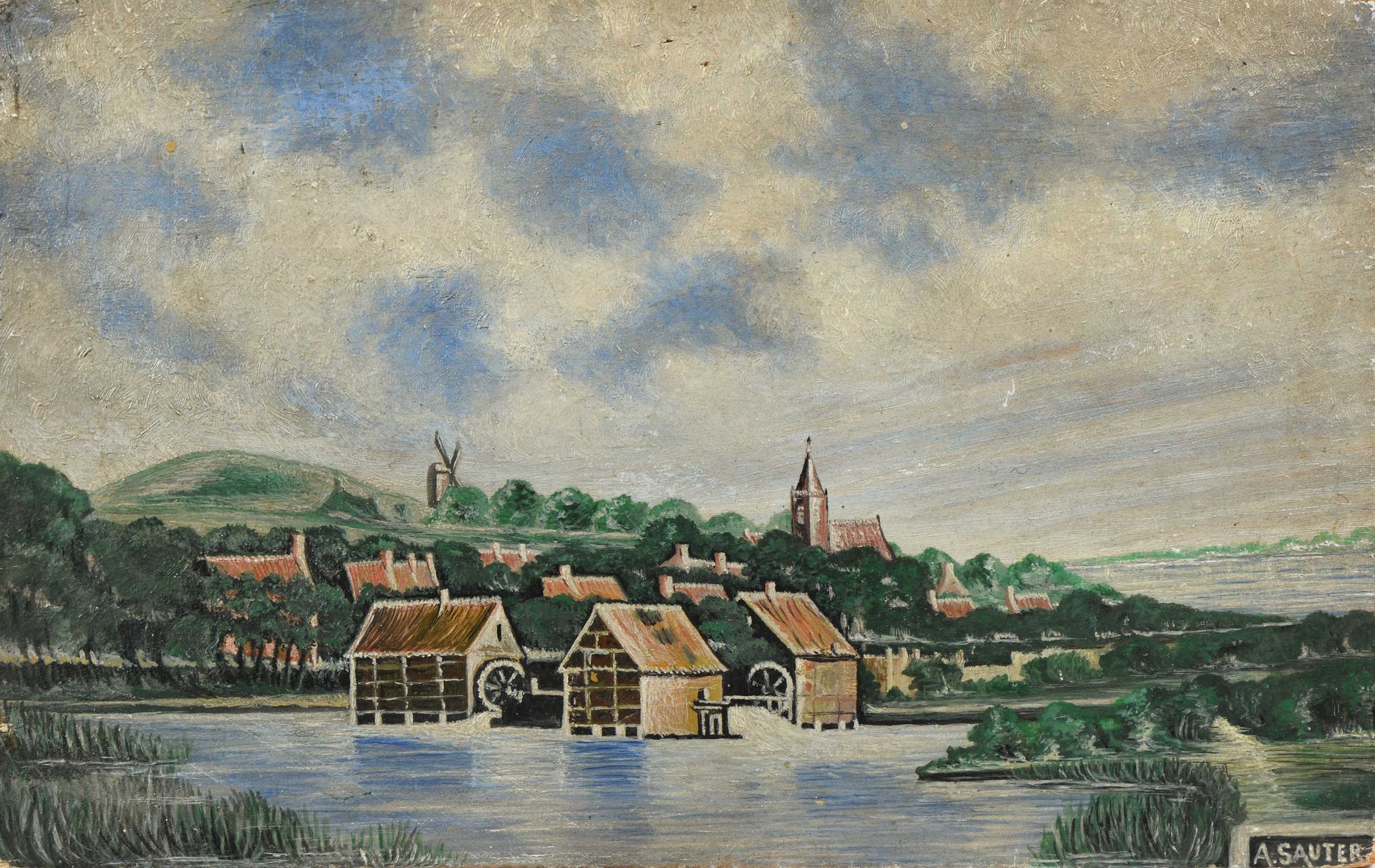Null Aloys SAUTER (1875-1952) Vue de village aux moulins à eau Huile sur panneau&hellip;