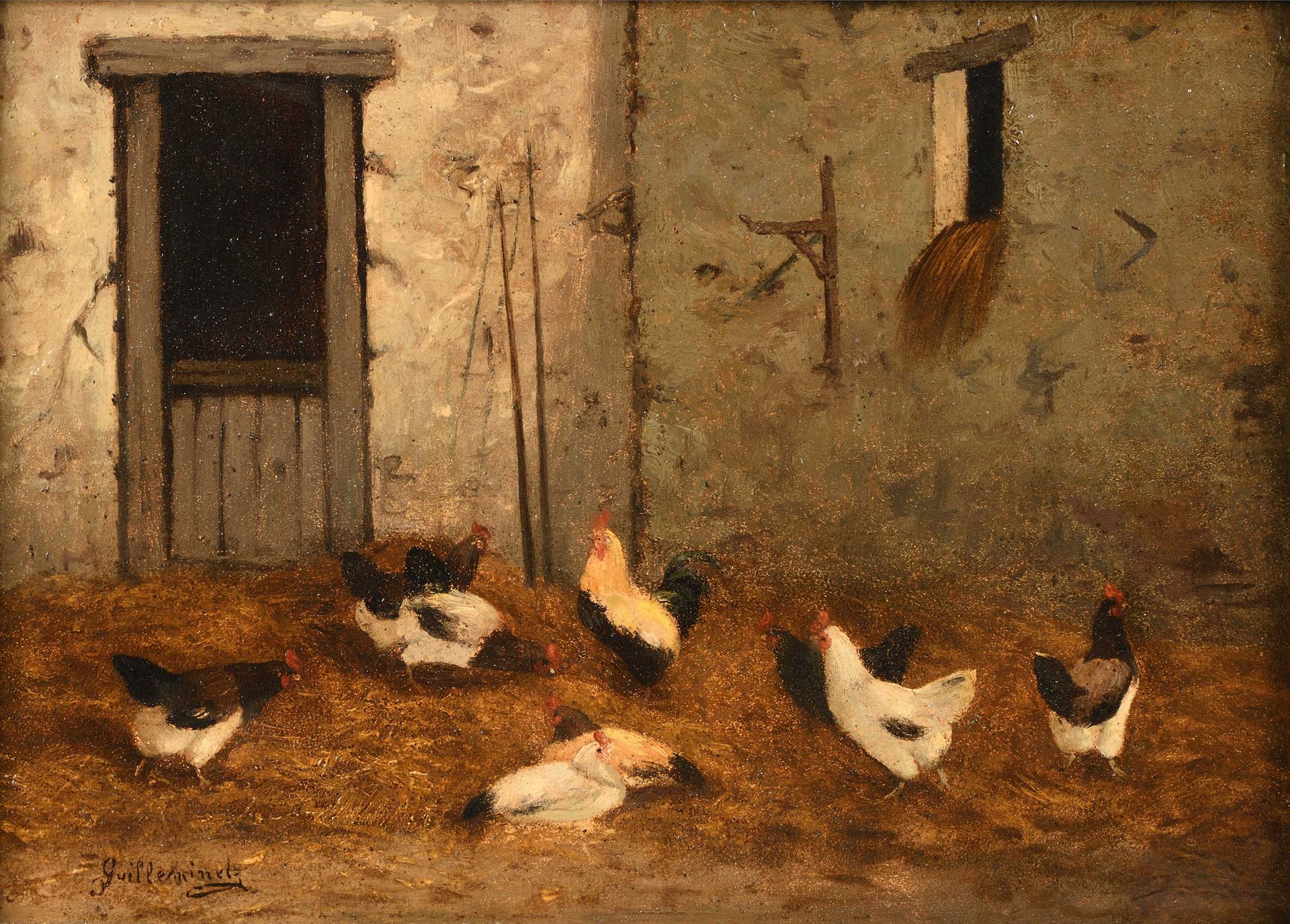 Null Claude GUILLEMINET (1821-1874) Base cours poulettes blanches Huile sur toil&hellip;