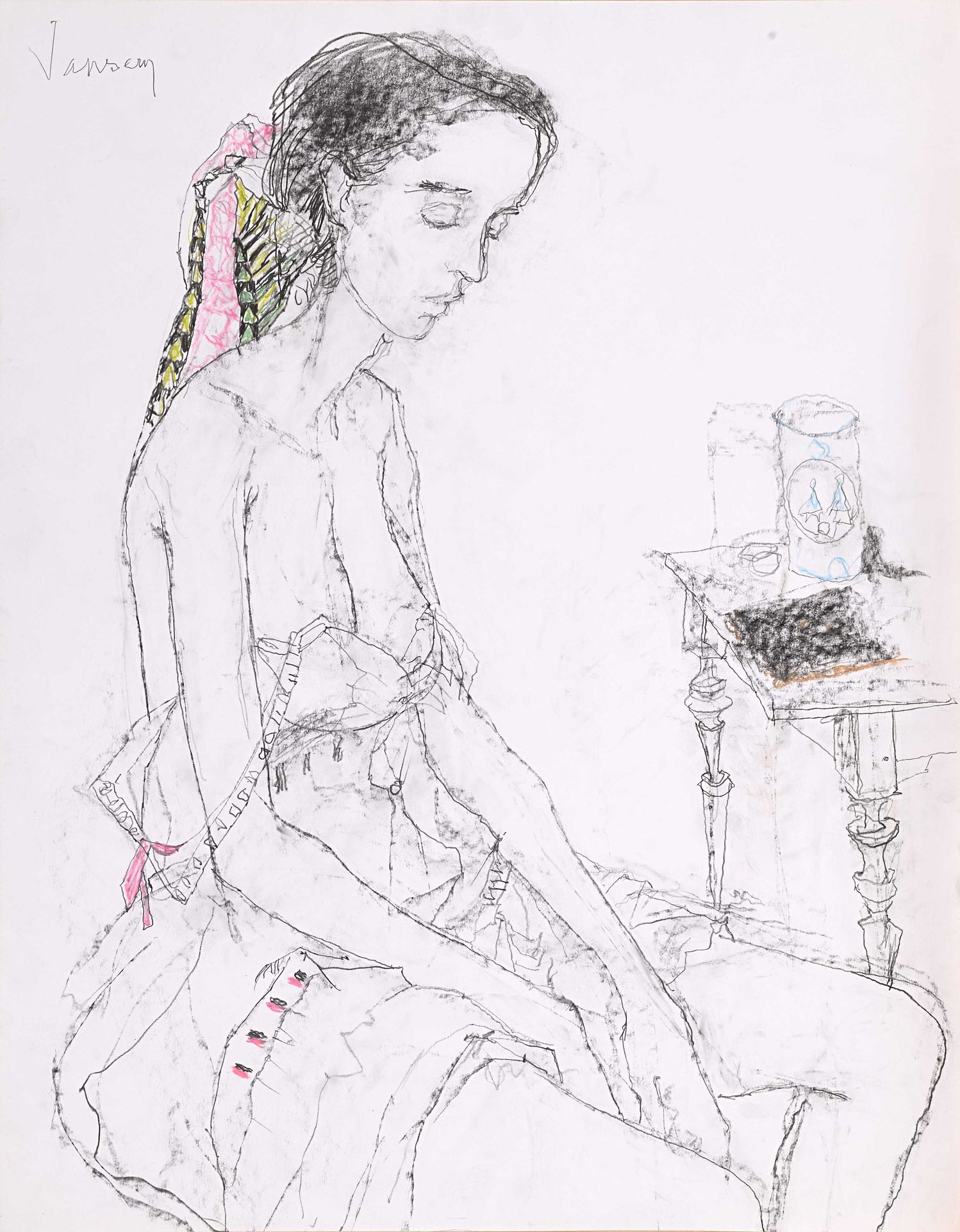 Null Jean JANSEM (1920-2013) Badia assise, 1994 Fusain et crayon de couleurs sur&hellip;