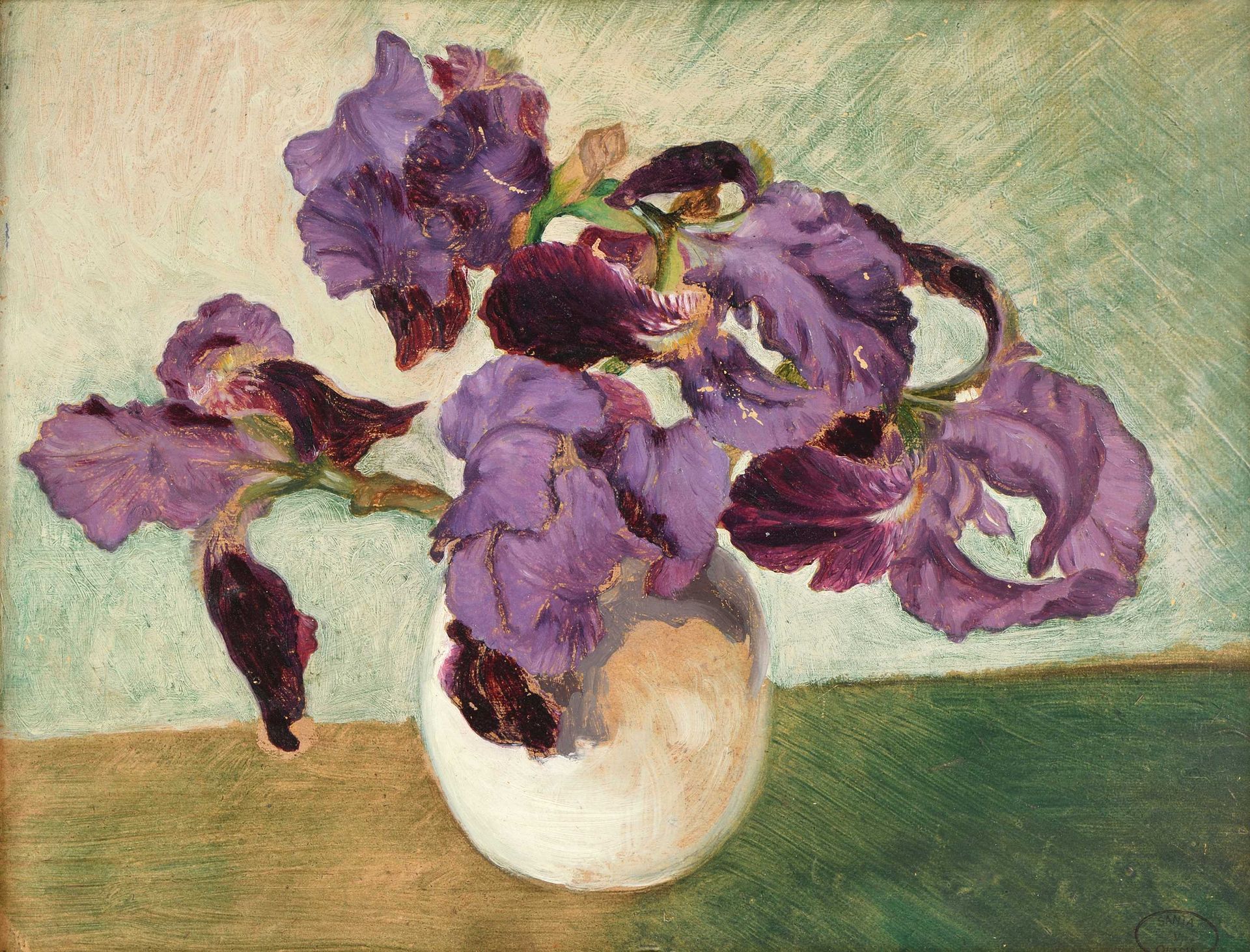 Null Vicente SANTAOLARIA (1886-1967) Bouquet d iris dans un vase blanc Coucher d&hellip;
