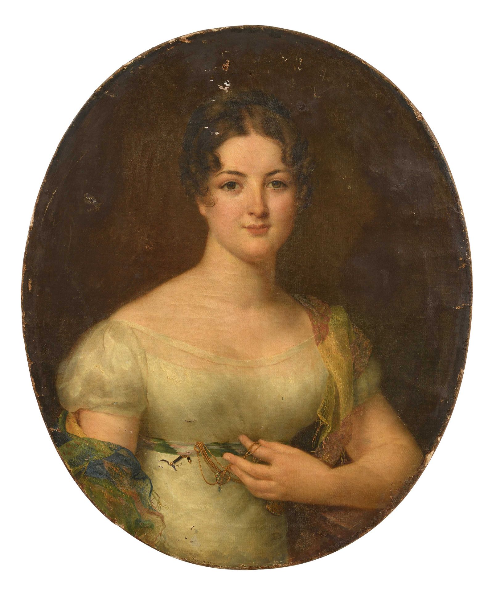 Null 20 Ecole du XIXe siècle Portrait d une jeune femme en robe blanche Huile su&hellip;