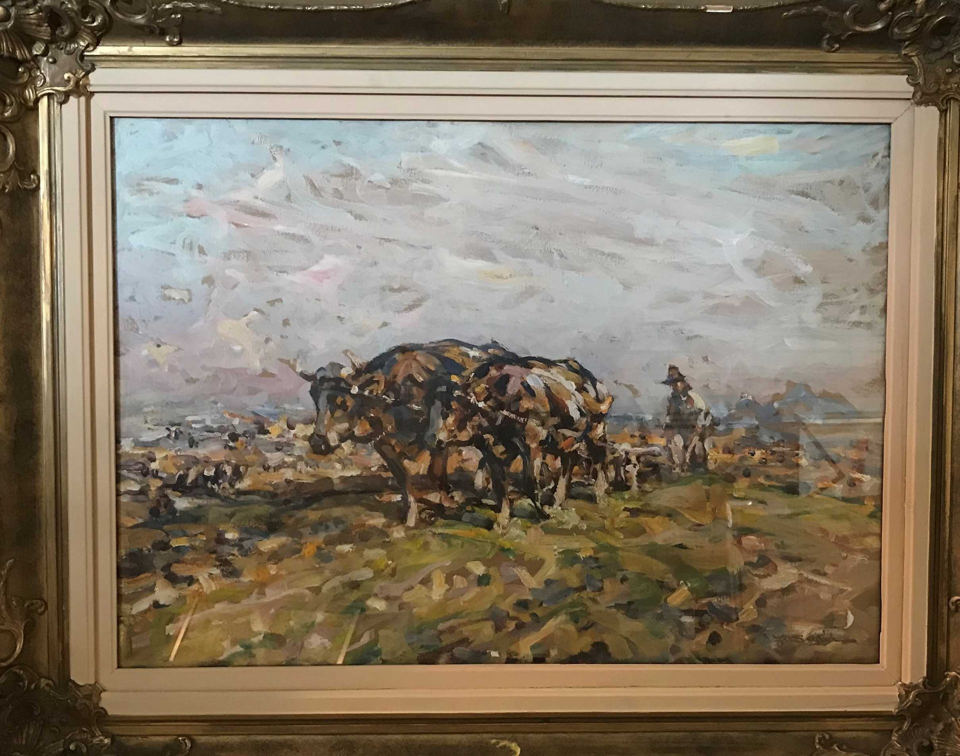 Null Julius SEYLER (1873-1958) 农民在耕地。水粉画。49x68厘米