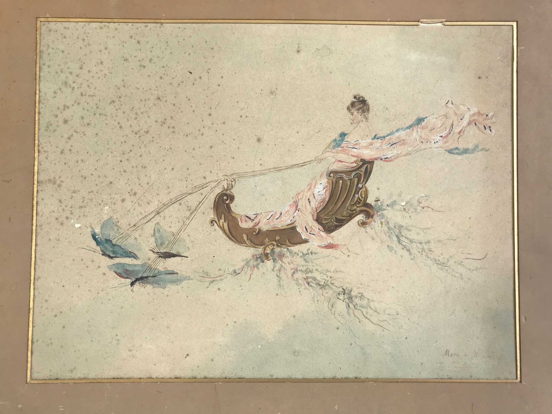 Null 玛丽-德-温斯加芬兹。乘坐蝴蝶拉动的战车的女人。1885.纸上水彩和水粉画。日期，签名，地点在巴黎。25x34cm 染色剂