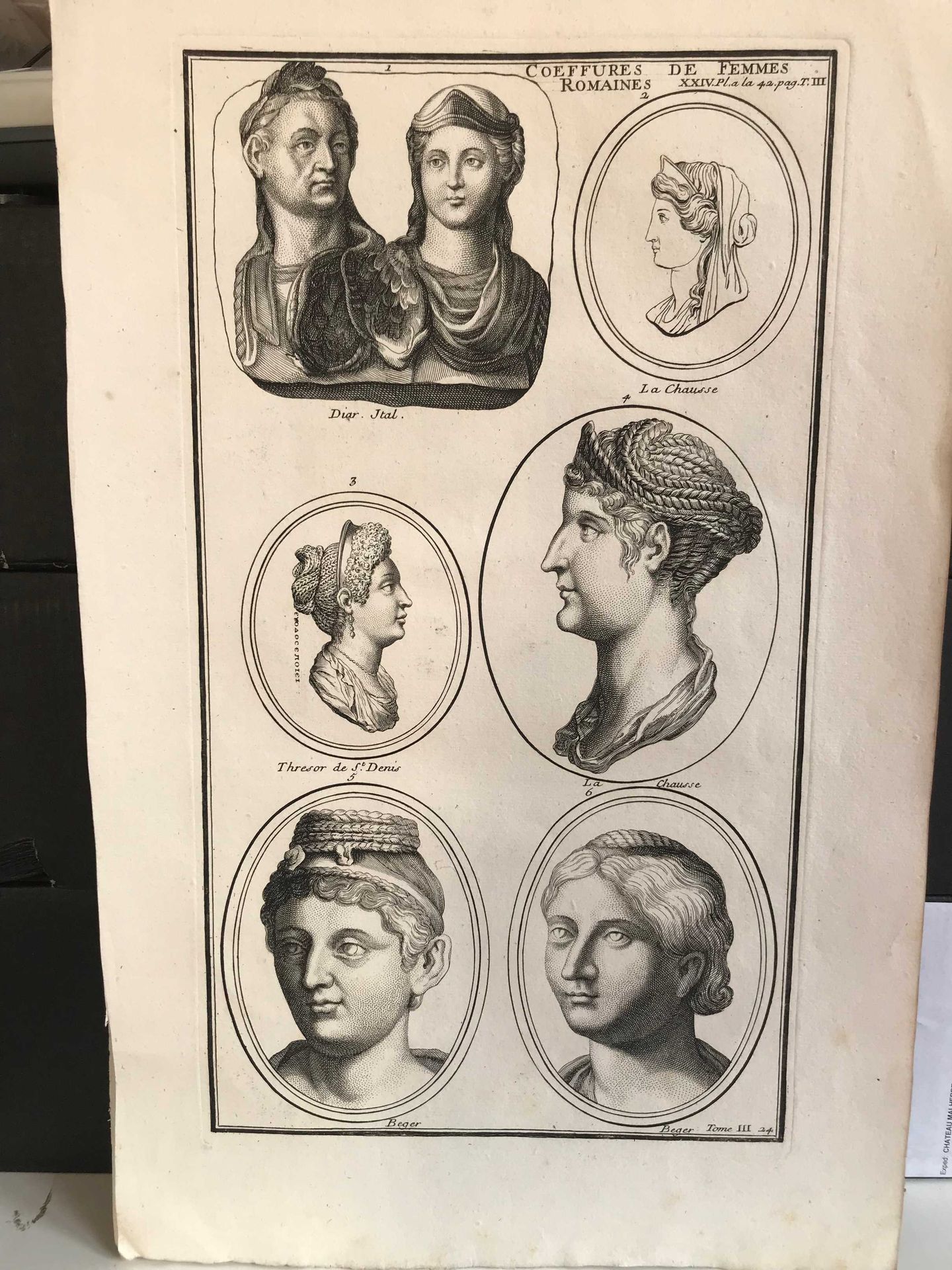 Null 罗马妇女的头饰 两幅黑色雕刻。18世纪，33 x 18厘米