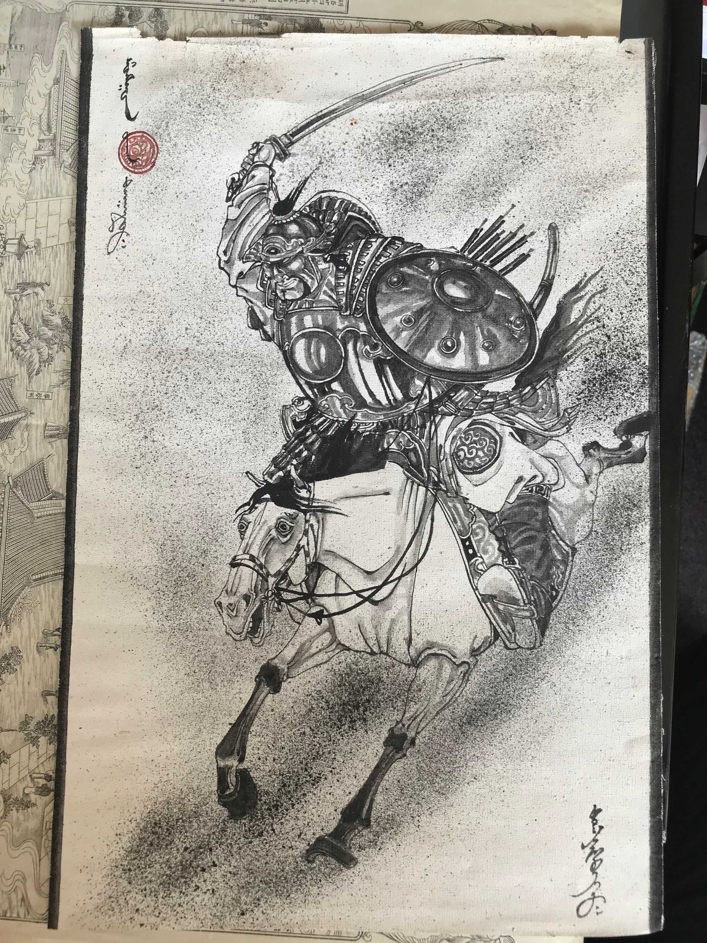 Null Lot bestehend aus: Le samouraï encre sur toile signée en bas à droite 40x26&hellip;