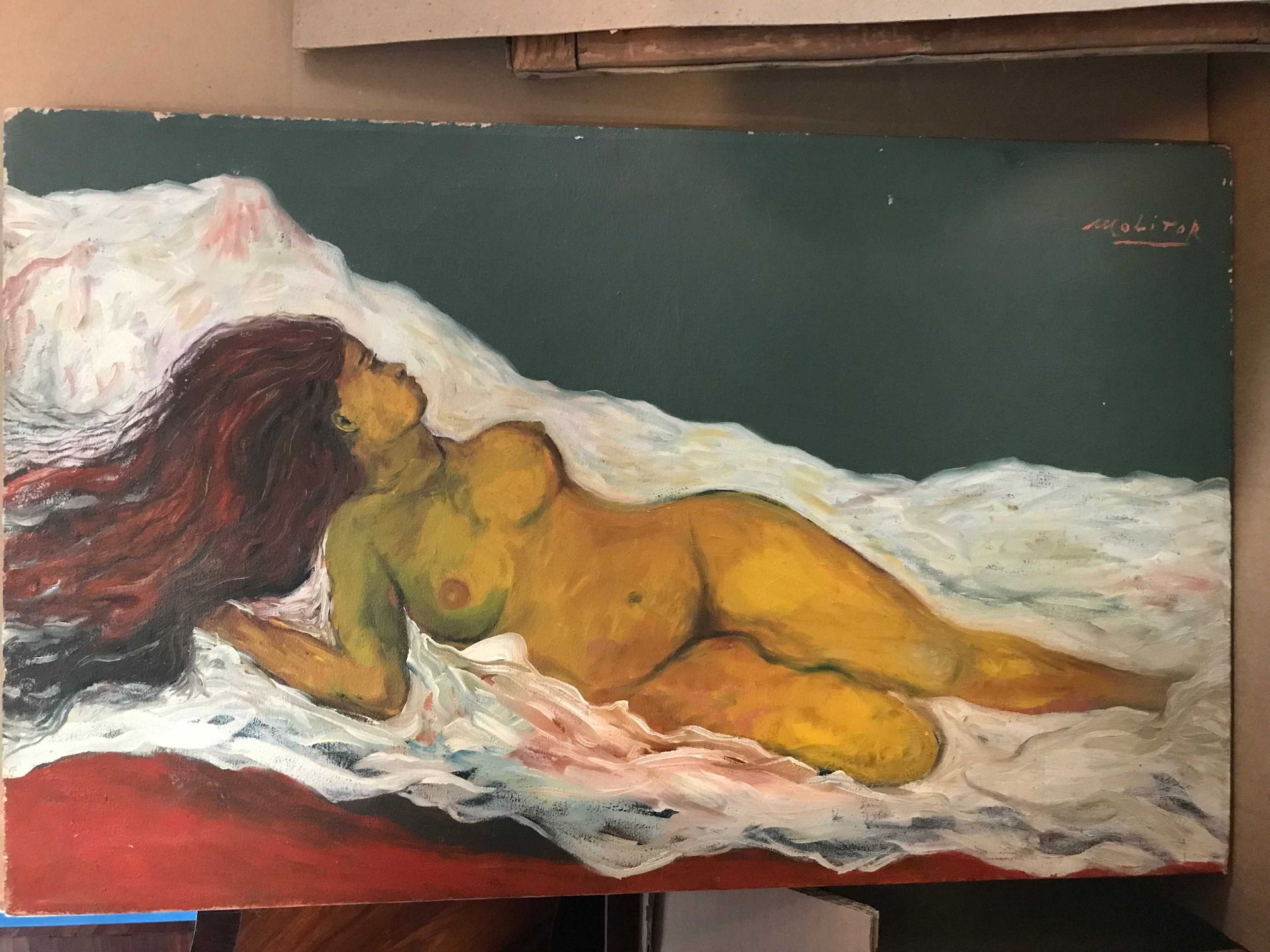 Null Martial MOLITOR (二十一世纪) 躺着的裸体女人 布面油画，右上方有签名。46 x 73,5 cm