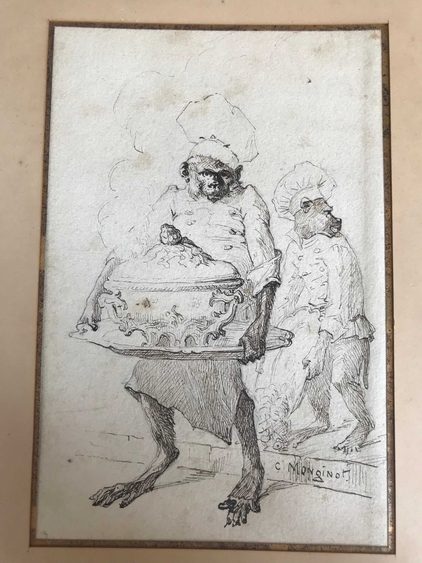 Null Charles MONGINOT El mono cocina Dibujos en tinta marrón Firmado abajo a la &hellip;
