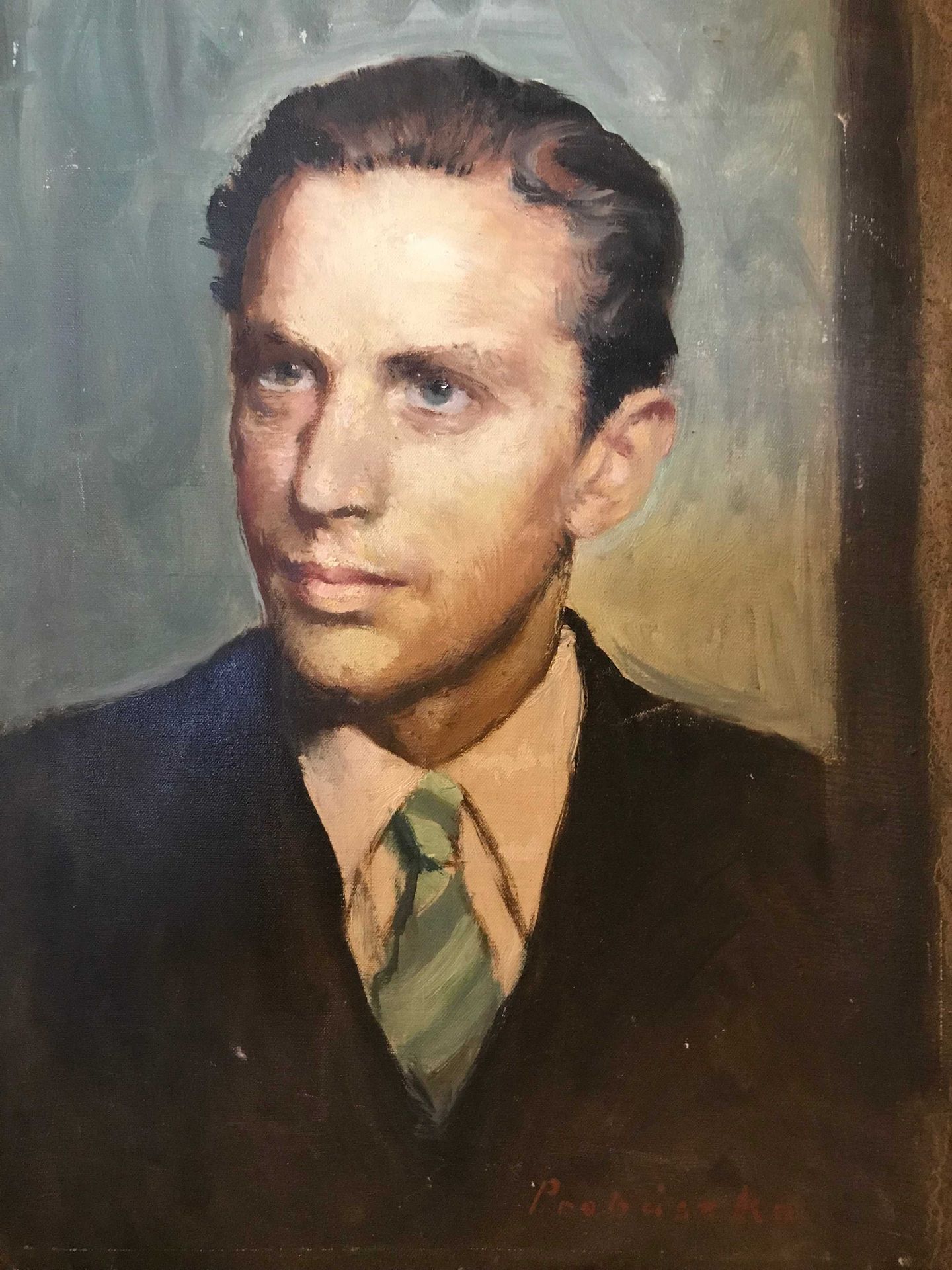 Null Jozsef PROHASKA (1886-1964) Portrait à la cravate bleue Huile sur toile, si&hellip;