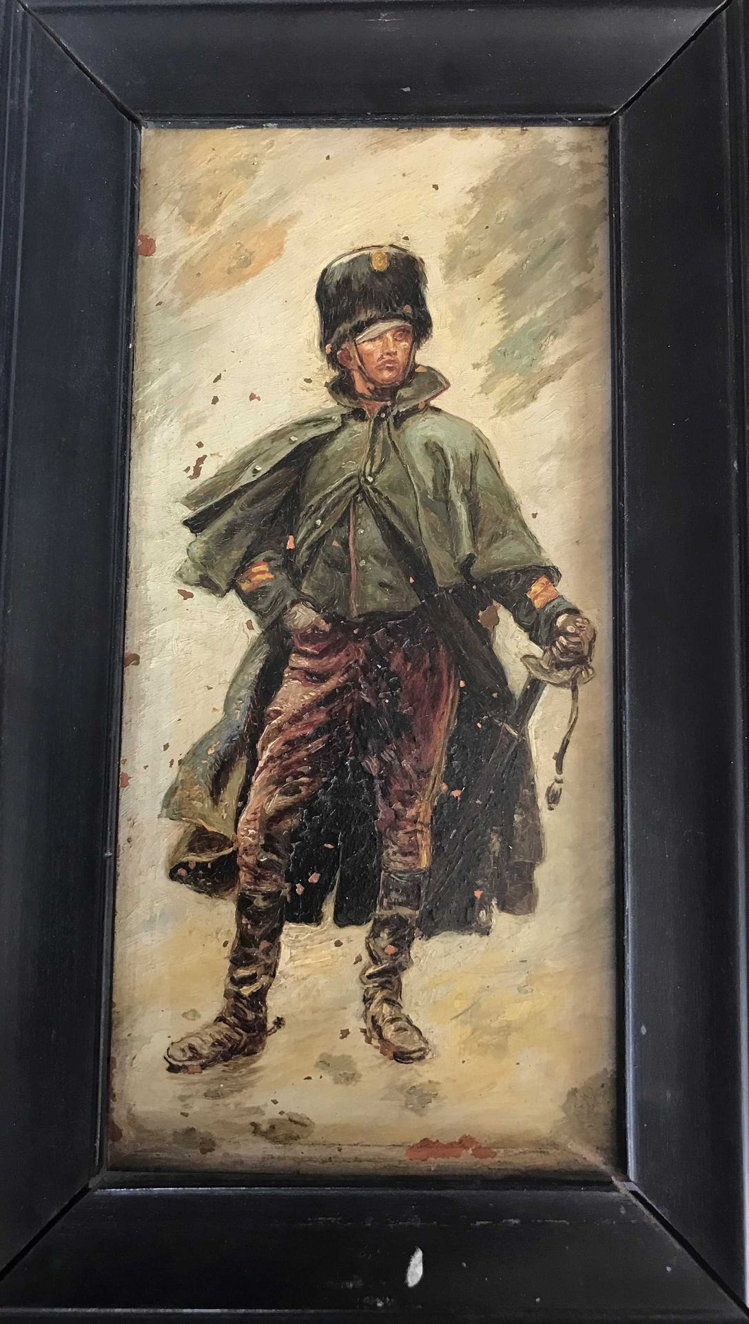 Null 德泰尔-爱德华（1848-1912）。一名士兵的全长肖像。铜上油彩，无签名，装在一个长方形的发黑的木框里。缺少的小零件。19世纪末。框架：高29.5厘&hellip;