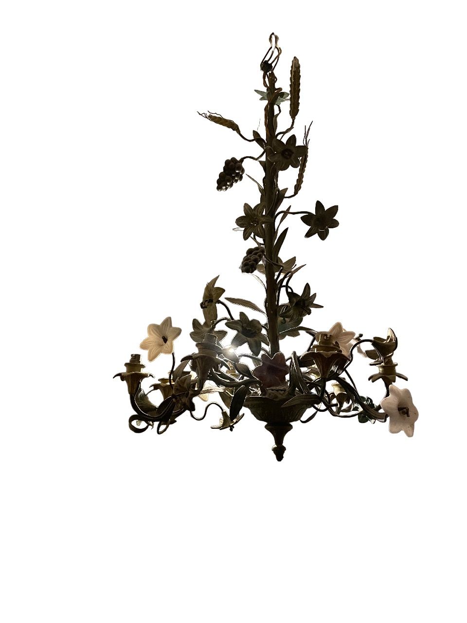 Null Lámpara de araña con decoración floral, porcelana y metalistería.