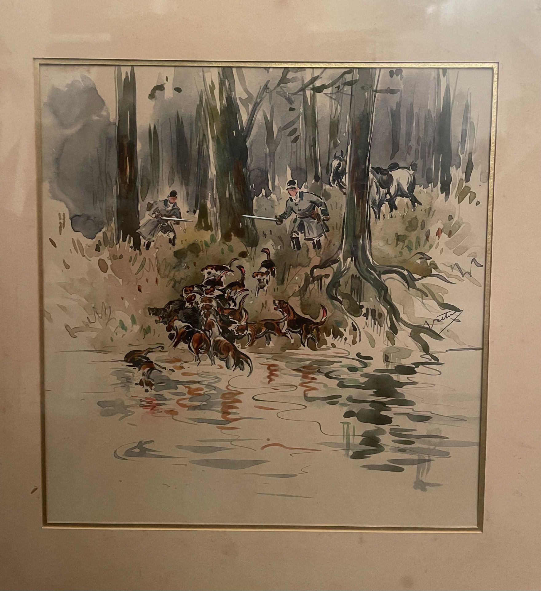 Null 19世纪的学校
院子里的狩猎场景
纸上水彩画。
签名在中间的右边。
2 x 20,5 cm