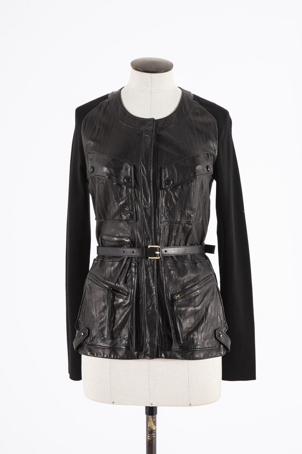 Null ROBERTO CAVALLI: Jacket in leather and black wool, crumpled effect, round n&hellip;