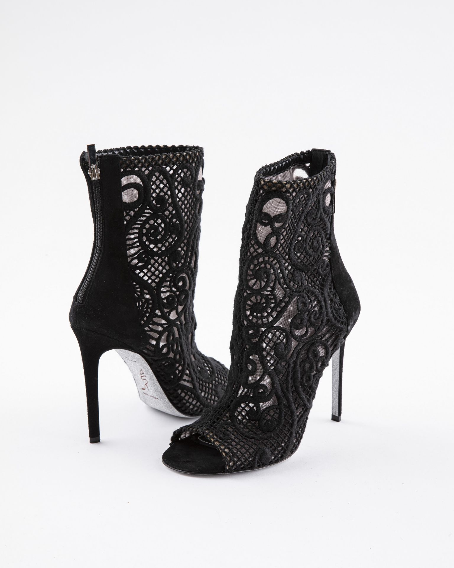 Null RENE CAOVILLA: Open-toe suede and black lace boots with gas tape, zip closu&hellip;