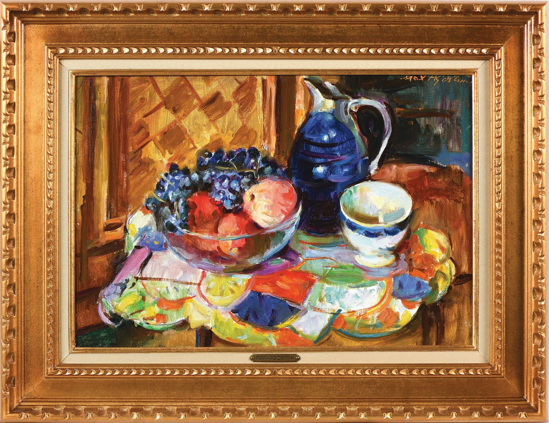 Null Max AGOSTINI (1914-1997) Peaches, grapes and blue pitcher Oil on canvas. Si&hellip;