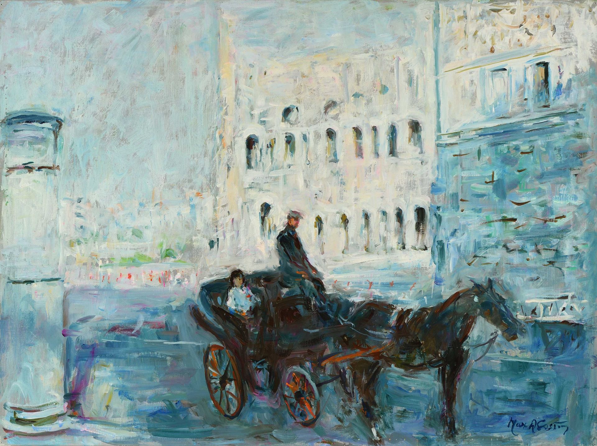 Null Max AGOSTINI (1914-1997) Calèche près du Colisée à Rome Huile sur toile. Si&hellip;