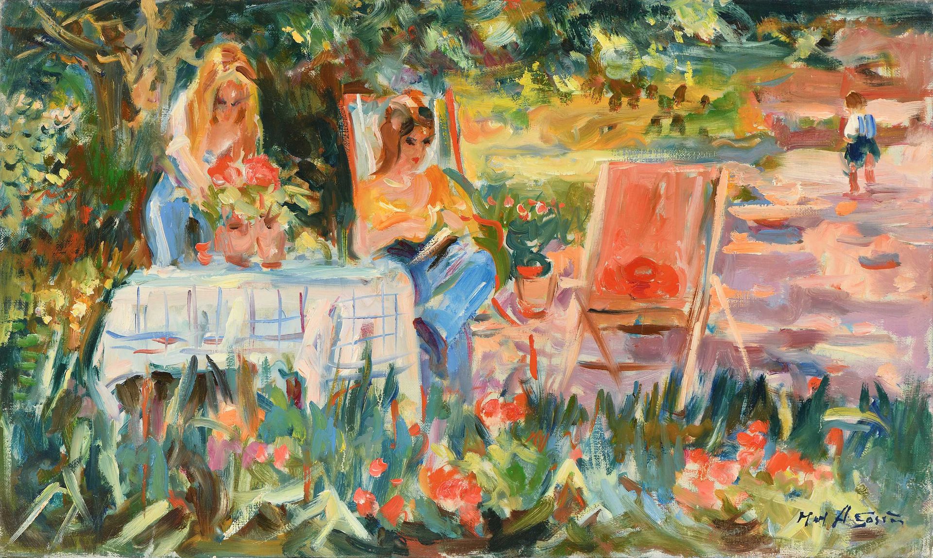 Null Max AGOSTINI (1914-1997) Donna e bambino in giardino Olio su tela. Firmato &hellip;