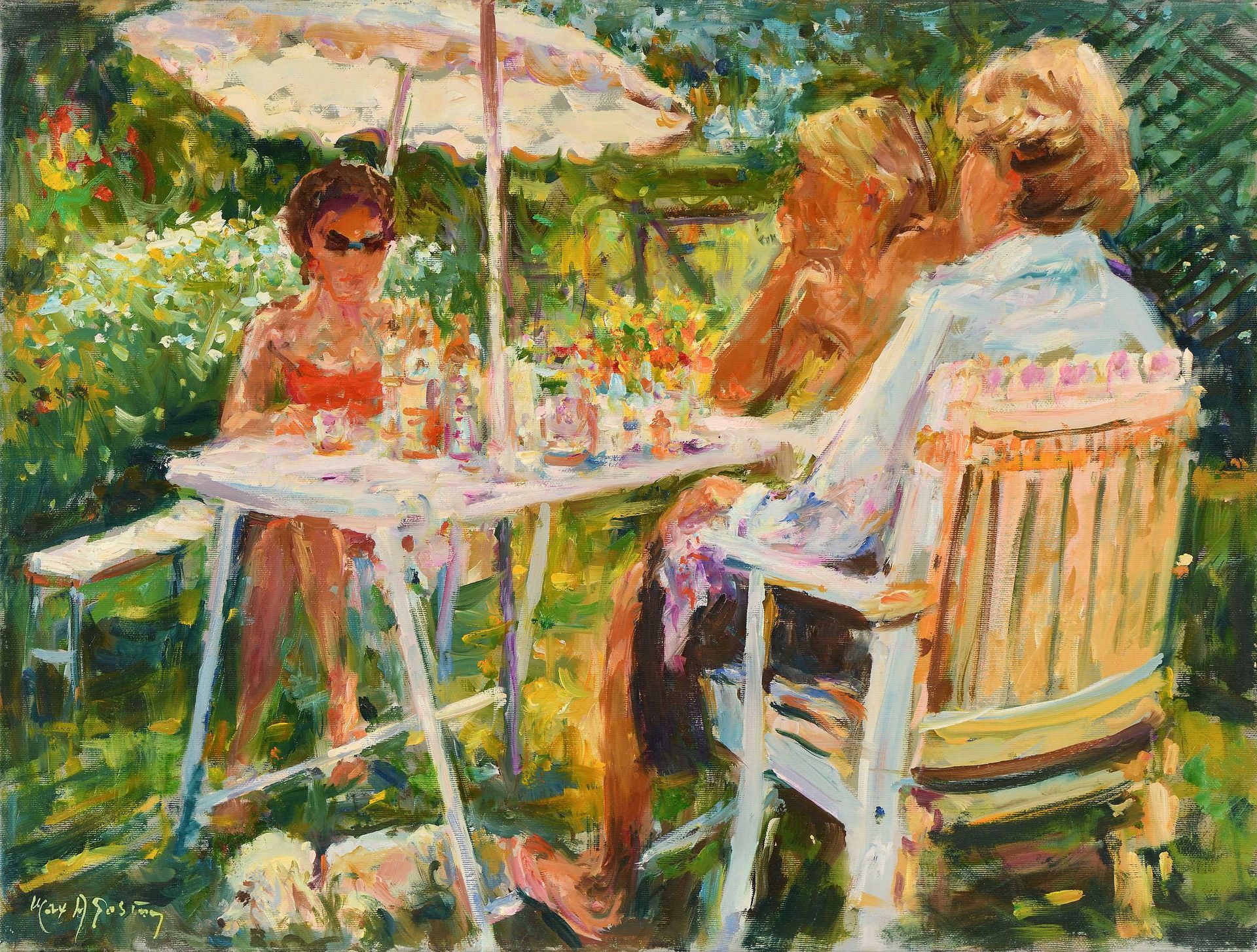 Null Max AGOSTINI (1914-1997) Conversation in the garden Oil on canvas. Signed l&hellip;