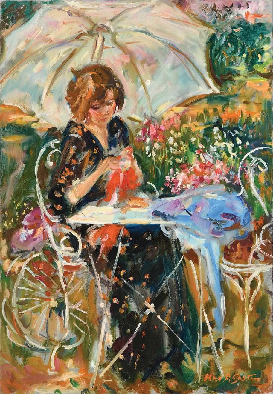 Null Max AGOSTINI (1914-1997) Young woman in the garden sewing Oil on canvas. Si&hellip;