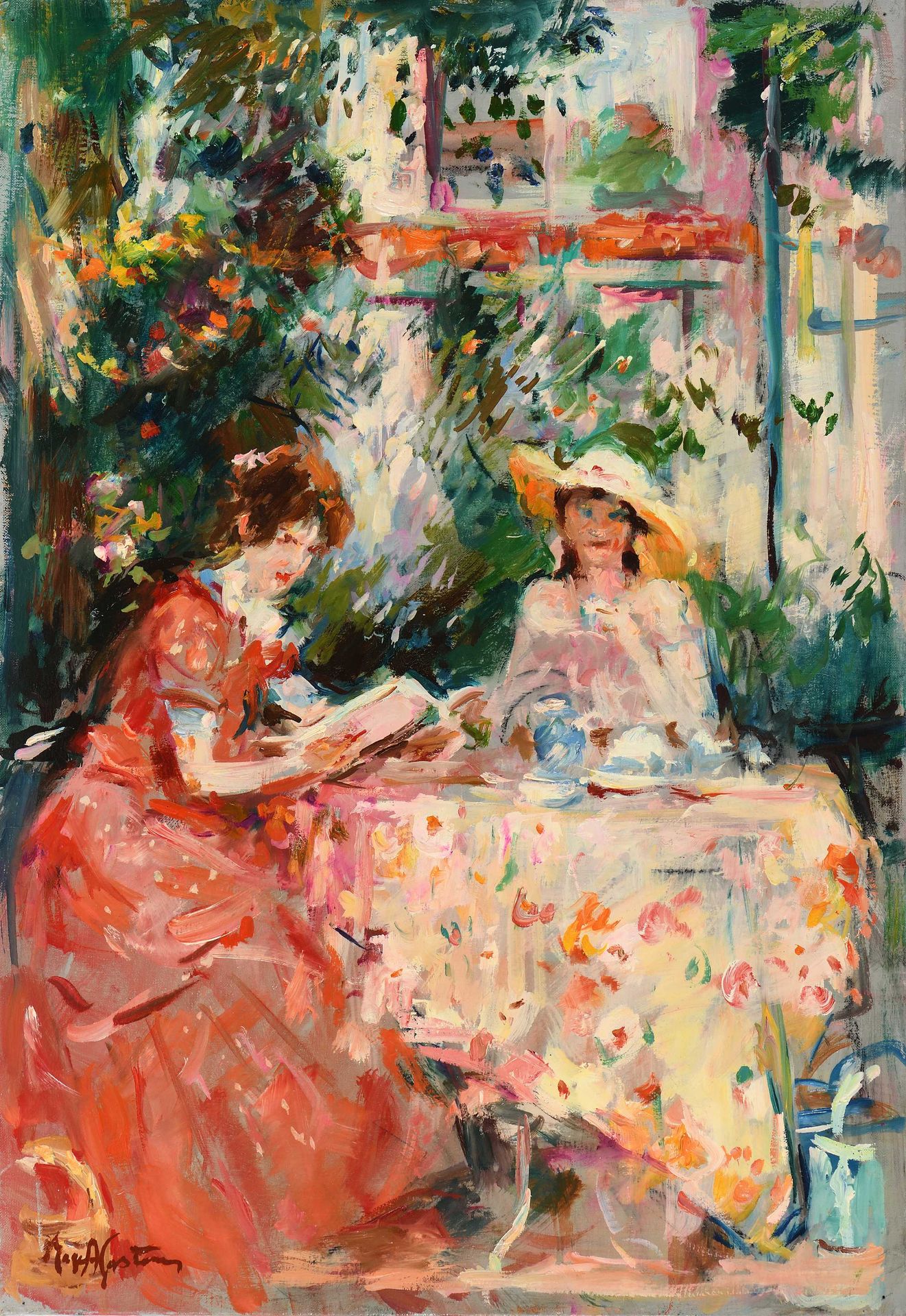 Null Max AGOSTINI (1914-1997) Two women sitting under the arbour Oil on canvas. &hellip;