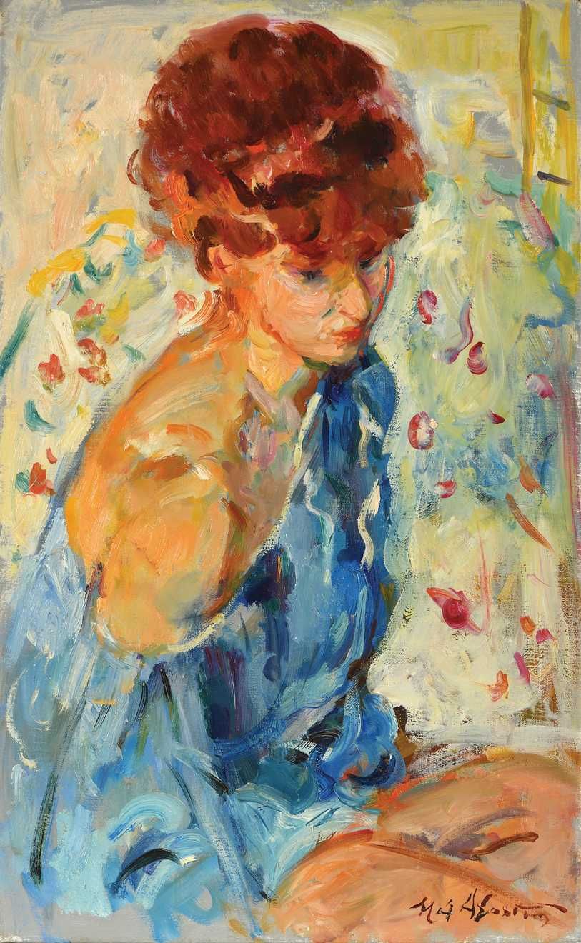 Null Max AGOSTINI (1914-1997) Retrato de Janet con blusa azul Óleo sobre lienzo.&hellip;