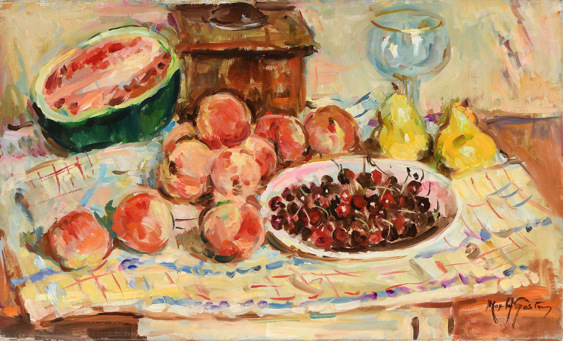 Null Max AGOSTINI (1914-1997) Still life with watermelon, peaches and cherries O&hellip;