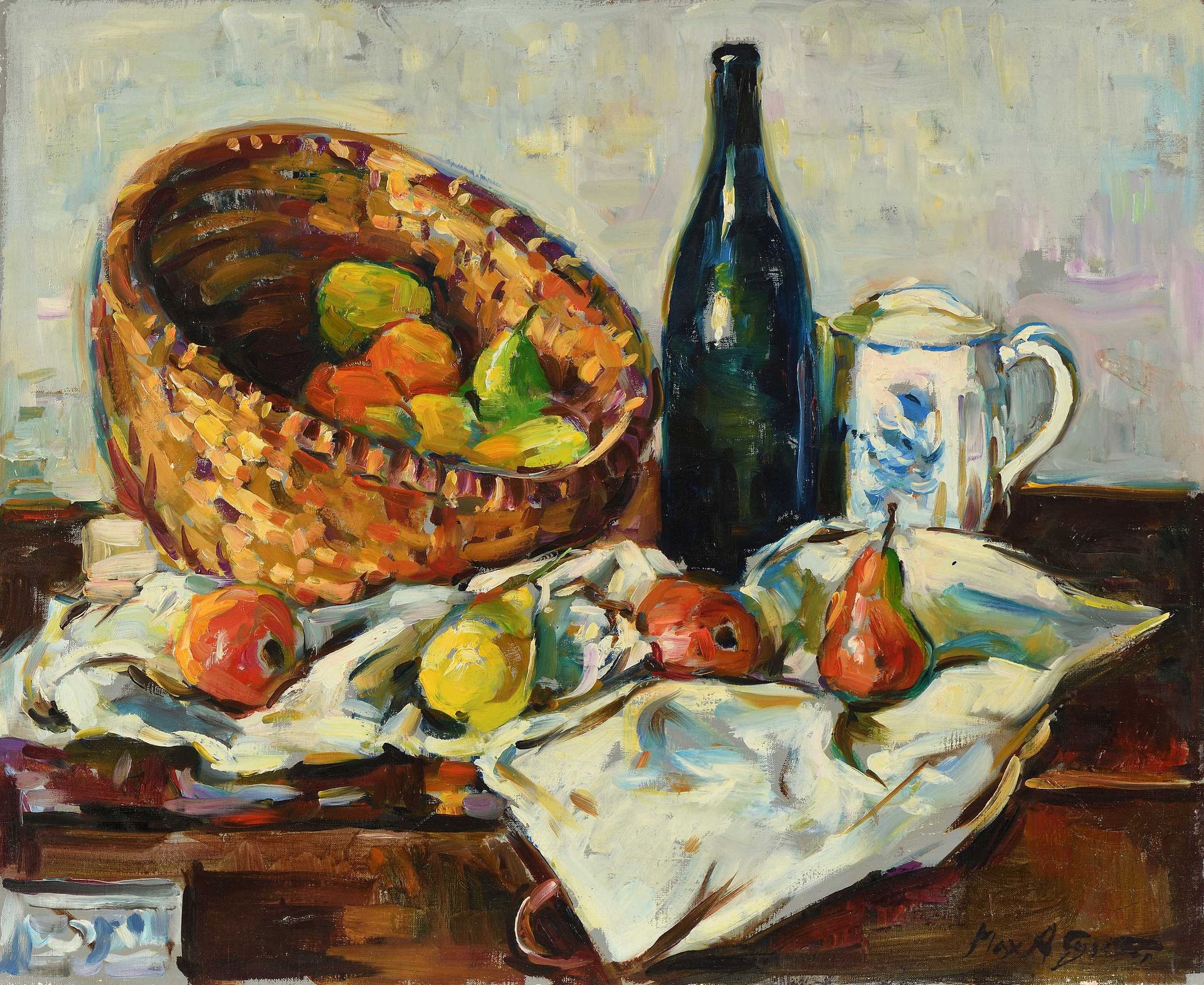 Null Max AGOSTINI (1914-1997) Still life with a basket of pears Oil on canvas. S&hellip;