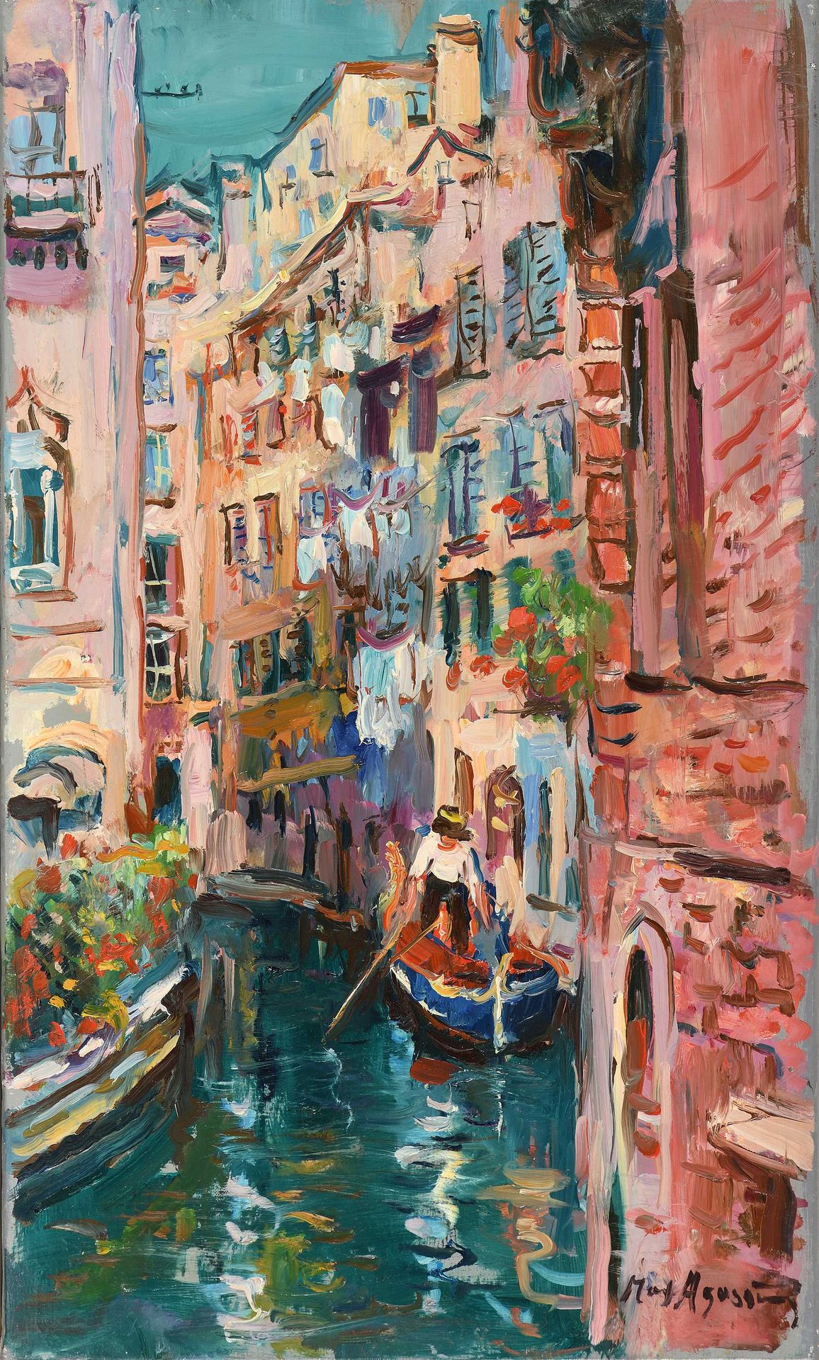 Null Max AGOSTINI (1914-1997) Gondole dans un petit canal à Venise Huile sur toi&hellip;