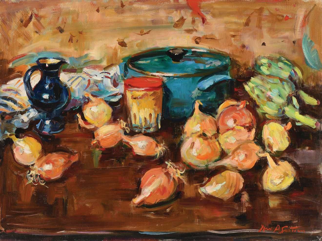 Null Max AGOSTINI (1914-1997) Still life with a blue pot Oil on canvas. Signed l&hellip;