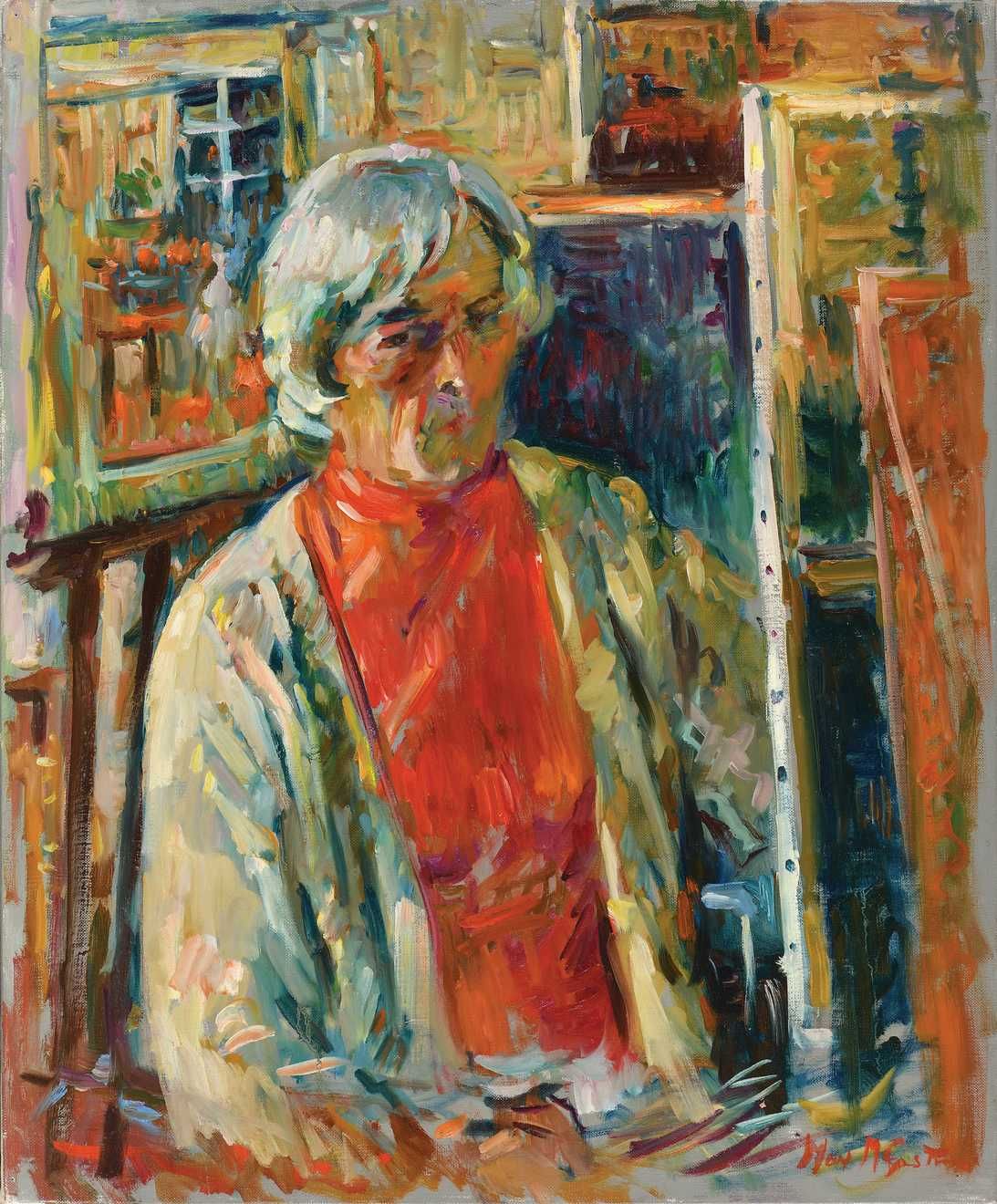 Null Max AGOSTINI (1914-1997) 穿红毛衣的自画像 布上油画。右下方有签名。61 x 50 cm (B747)
