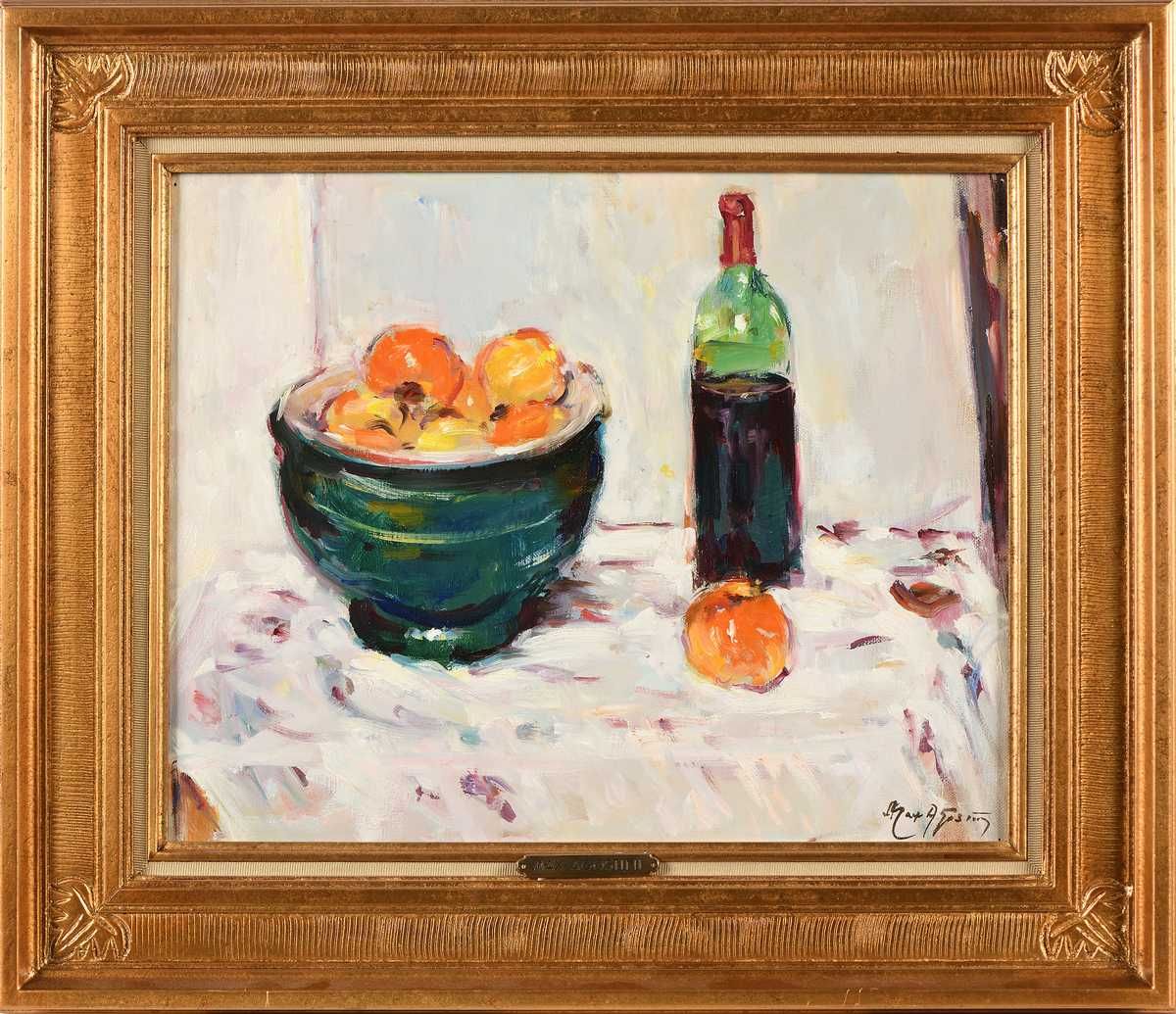 Null Max AGOSTINI (1914-1997) Bottle of wine and fruits in a compotier Oil on ca&hellip;