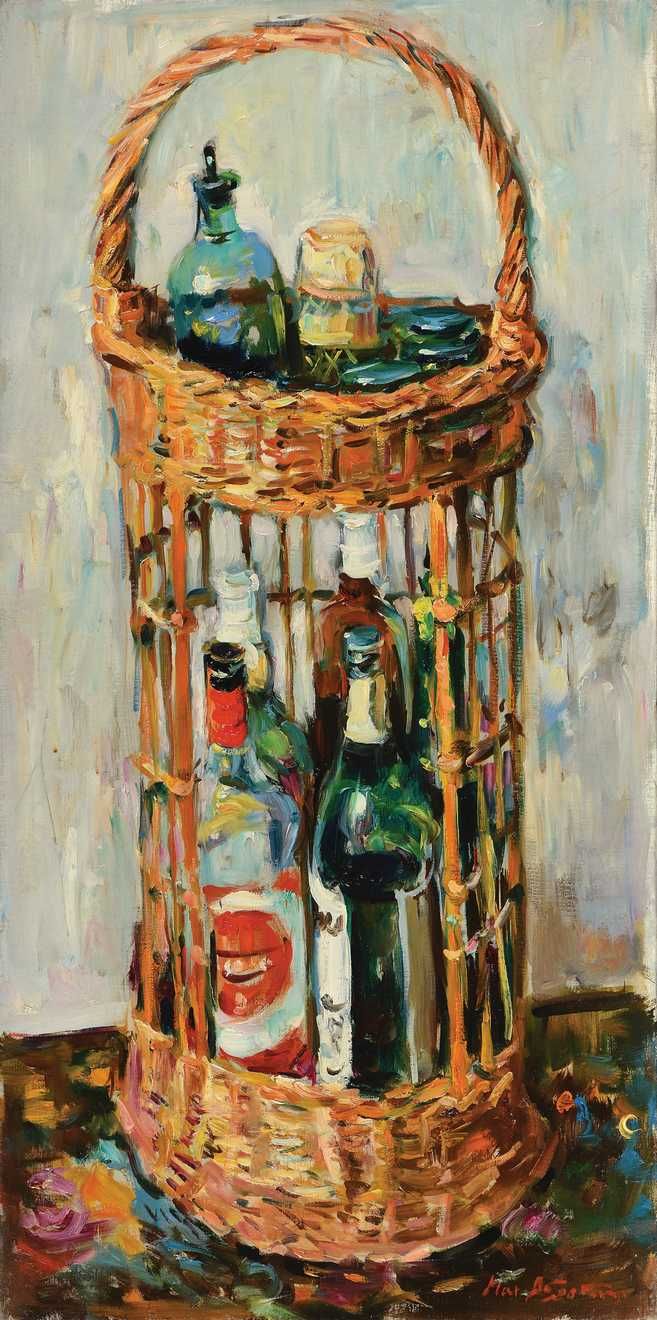 Null Max AGOSTINI (1914-1997) The aperitif basket Oil on canvas. Signed lower le&hellip;