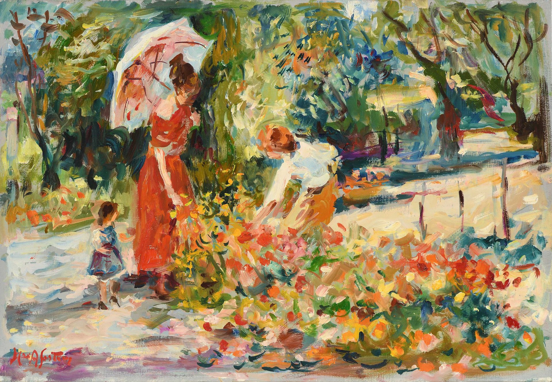 Null Max AGOSTINI (1914-1997) 穿红衣服的女人和采花的孩子 布面油画。左下方有签名。38 x 55 cm (C776)